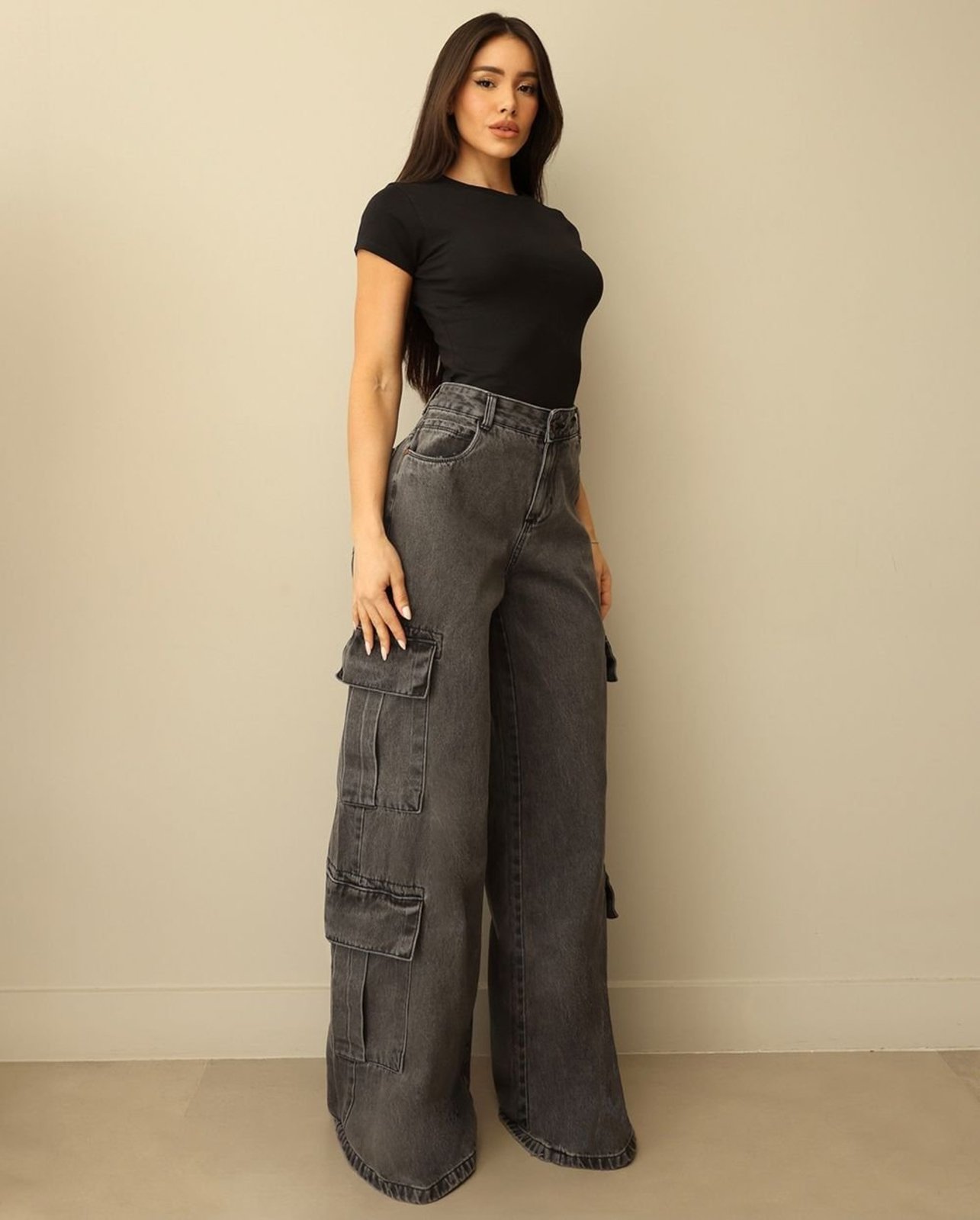 Calça Jeans Wide Leg Feminina Relaxed Cargo 24892 Vintage Consciência