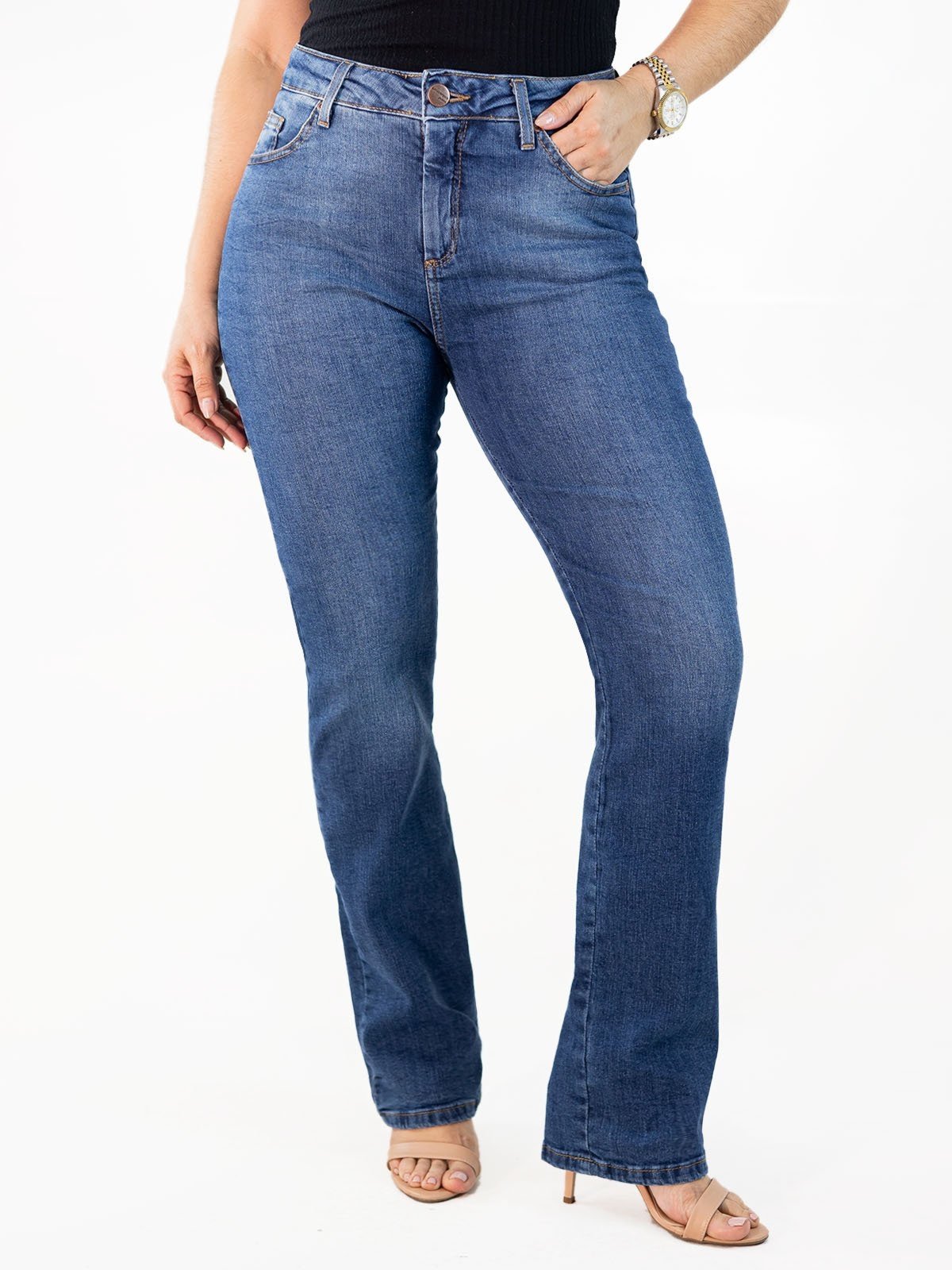 Calça Feminina Jeans Reta Tradicional Cintura Alta Elastano Anticorpus