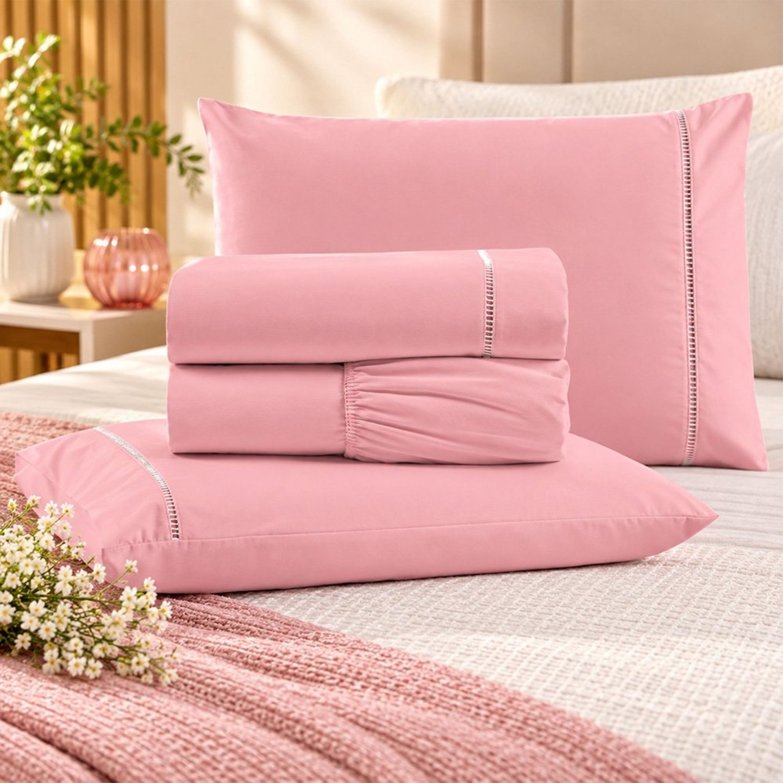 Jogo de Cama Lençol Queen Pluma Percal 180 Fios 4 Peças 100% Algodão - Rosa