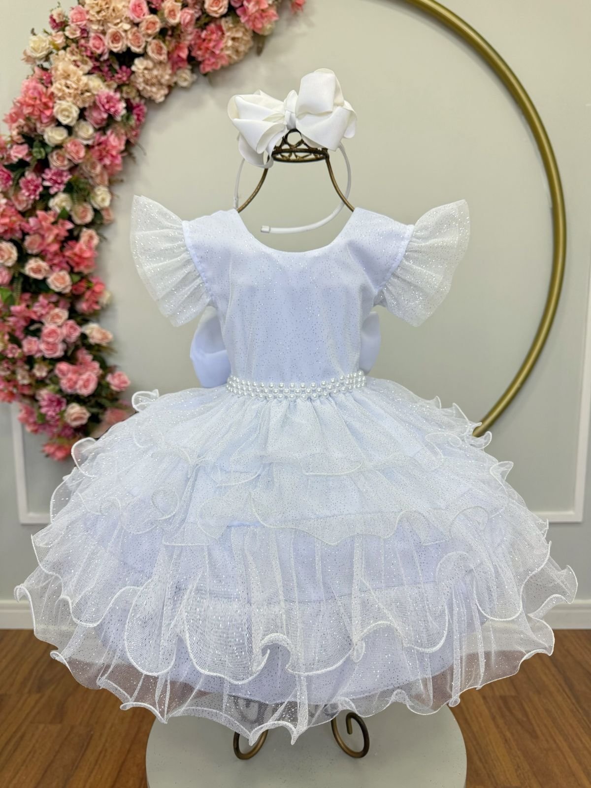 Infantil - Vestido Festa Branco Formatura Florista Casamento Babados Dama Daminha Social Menina Juvenil Pérolas Princesa Rodado Aniversário Luxo