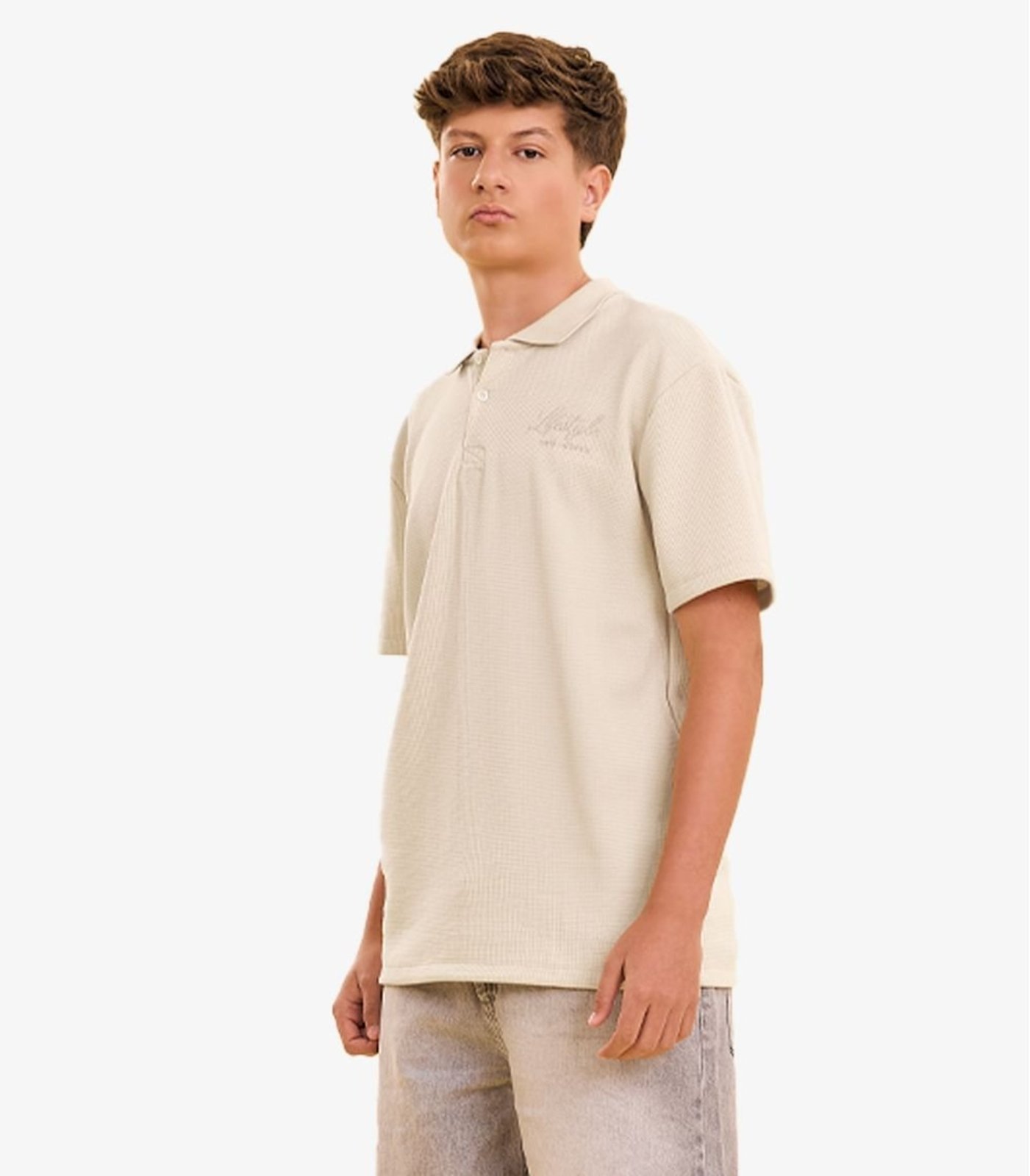 Infantil - Polo Masculina Com Peitilho e Bordado Minty Bege