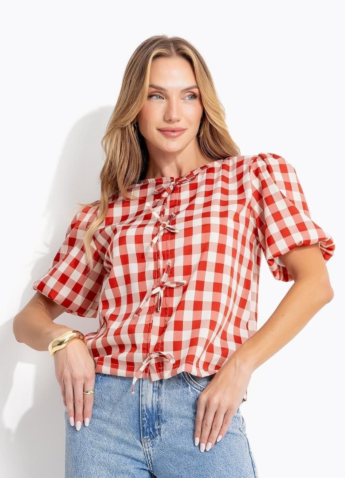Blusa Em Tecido De Poliéster Vichy Vermelho Quintess