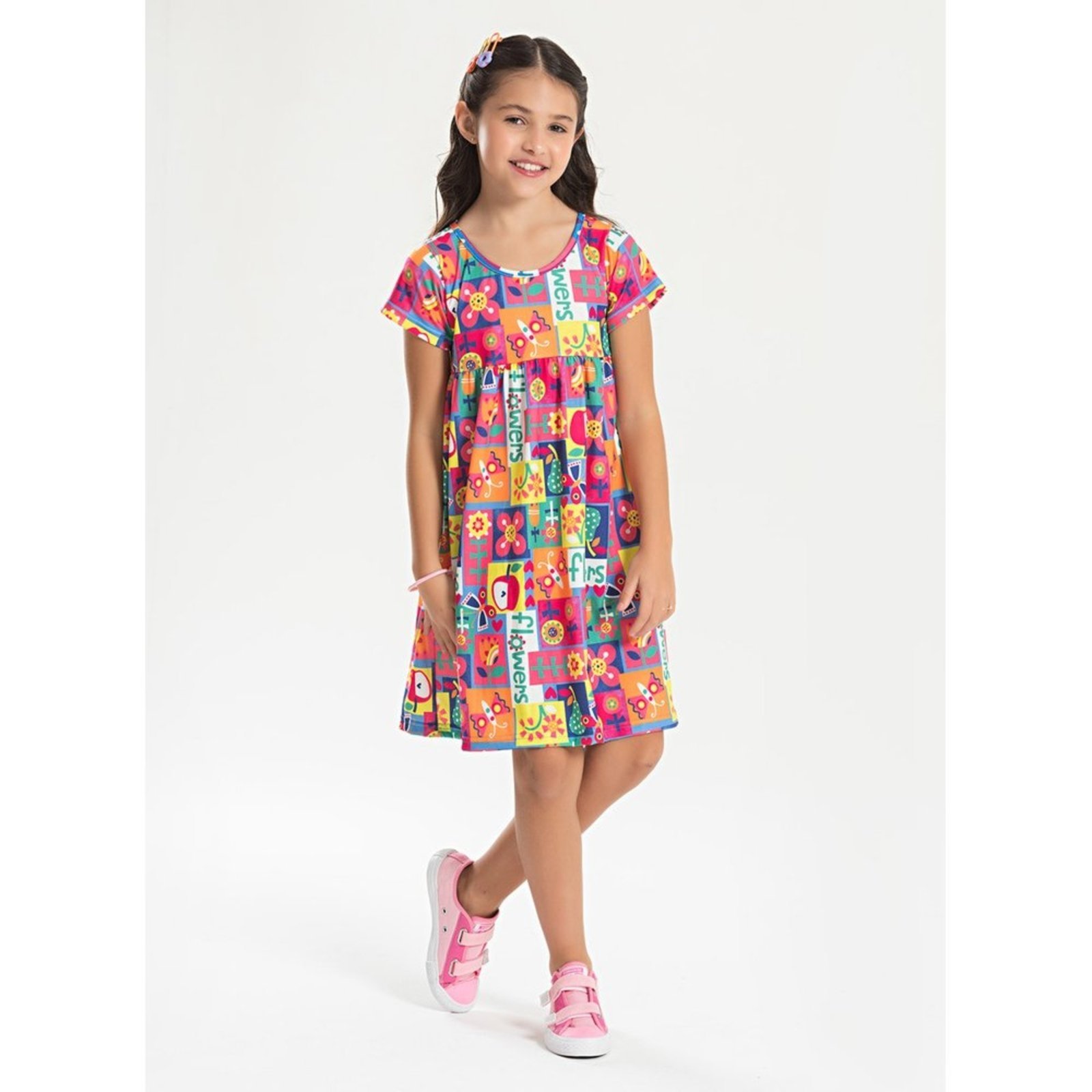 Infantil – Vestido Molekada com Manga Verão Menina Azul Jardim Colorido