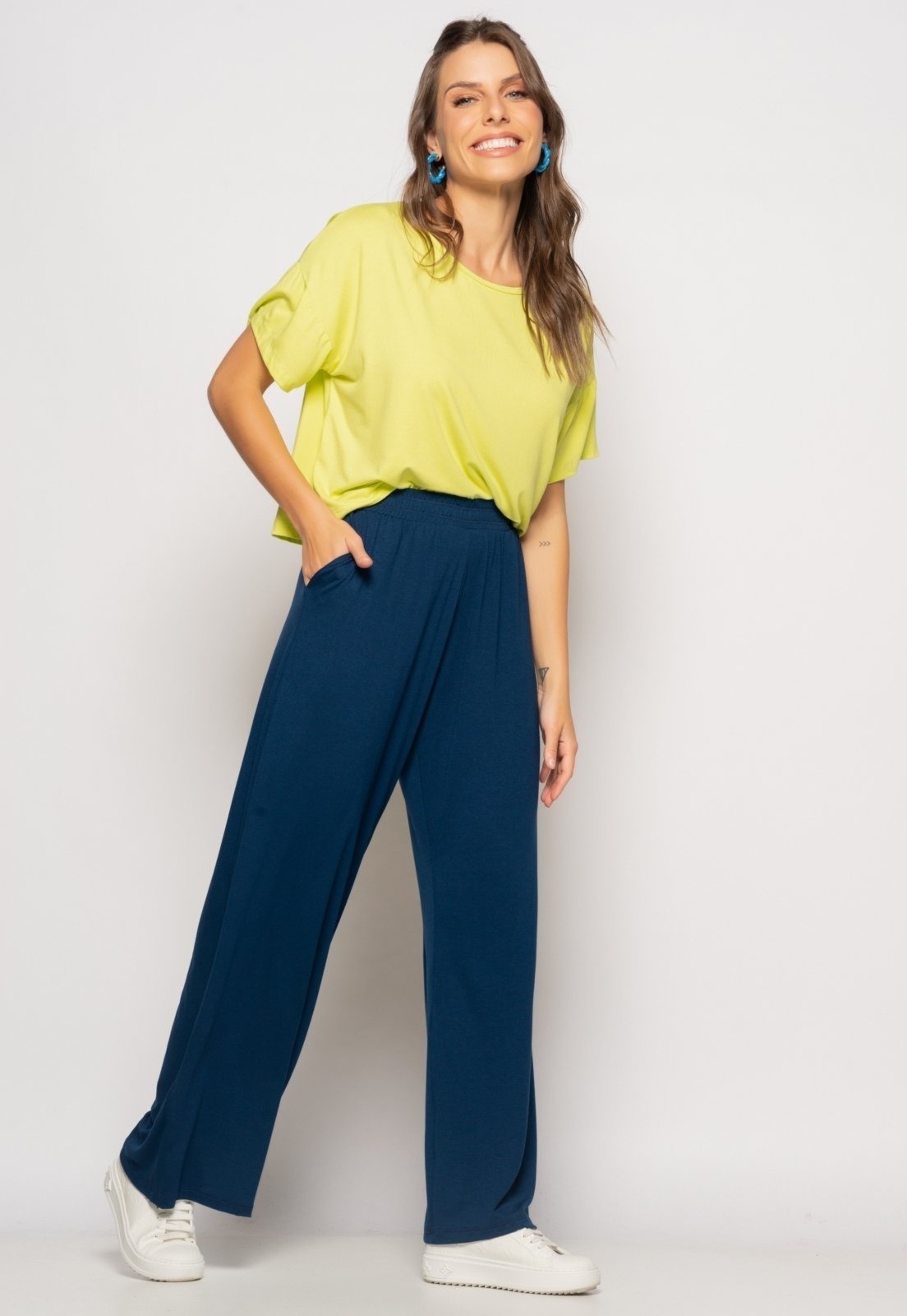 Calça Wide Leg Com Bolso Malha Salvatore Fashion Azul Marinho