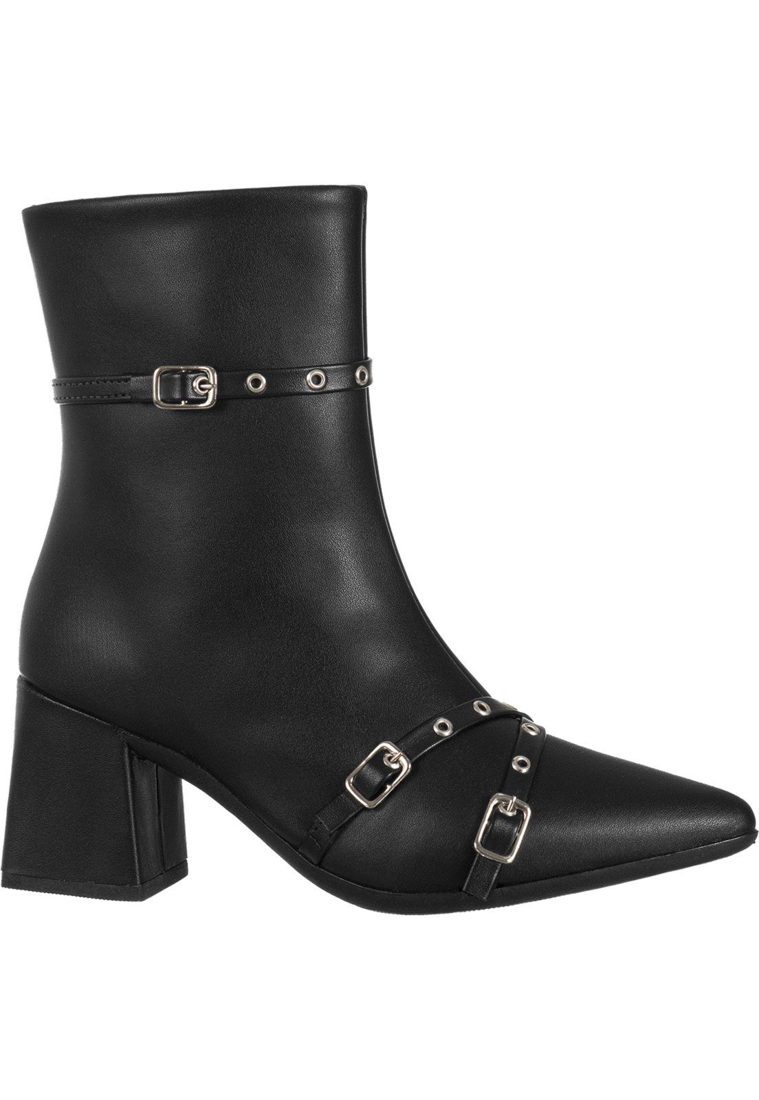 Bota Feminina GiGiL Cano Médio Bico Fino Aplique Ilhós Fivelas Preto