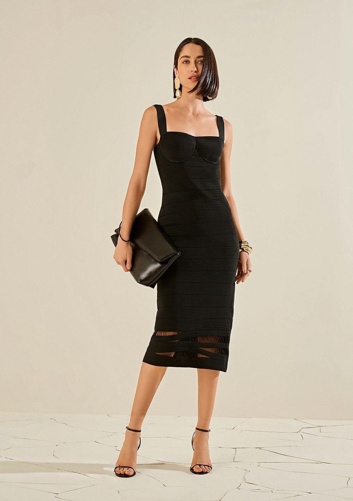 Vestido Morena Rosa Ajustado Decote Reto Com Alça Midi - Preto