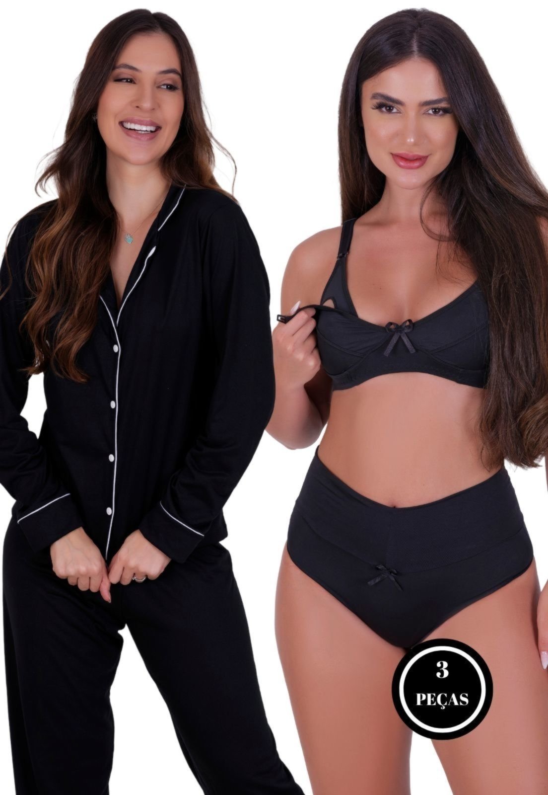 Combo Pijama de Inverno com gola Mayara + Sutiã Amamentação + Calcinha Pós Parto Thamires Preto