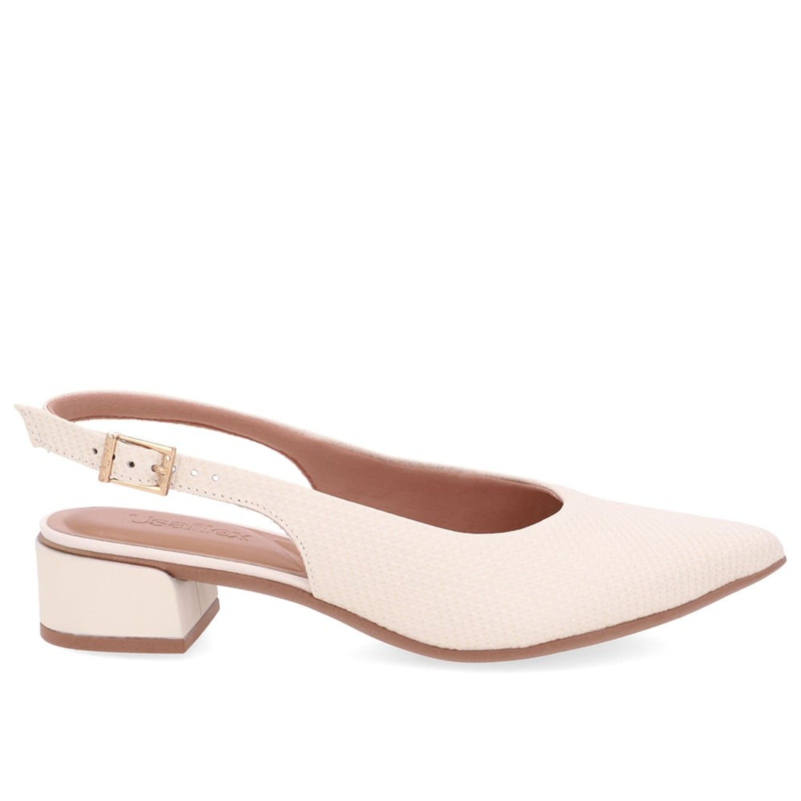 Slingback Branco Marfim Salto Bloco Couro Bico Fino