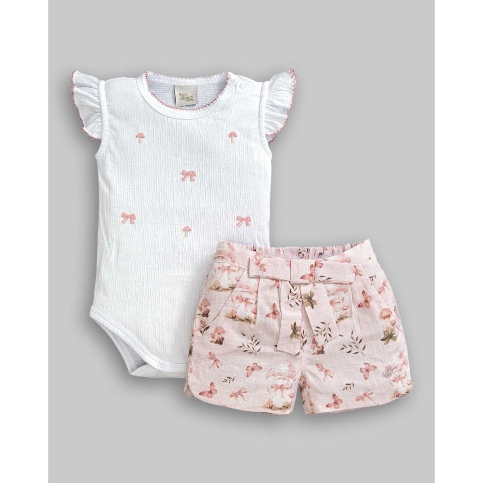 Infantil - Conjunto Body com Babados Short Estampado Anjos Baby G Branco