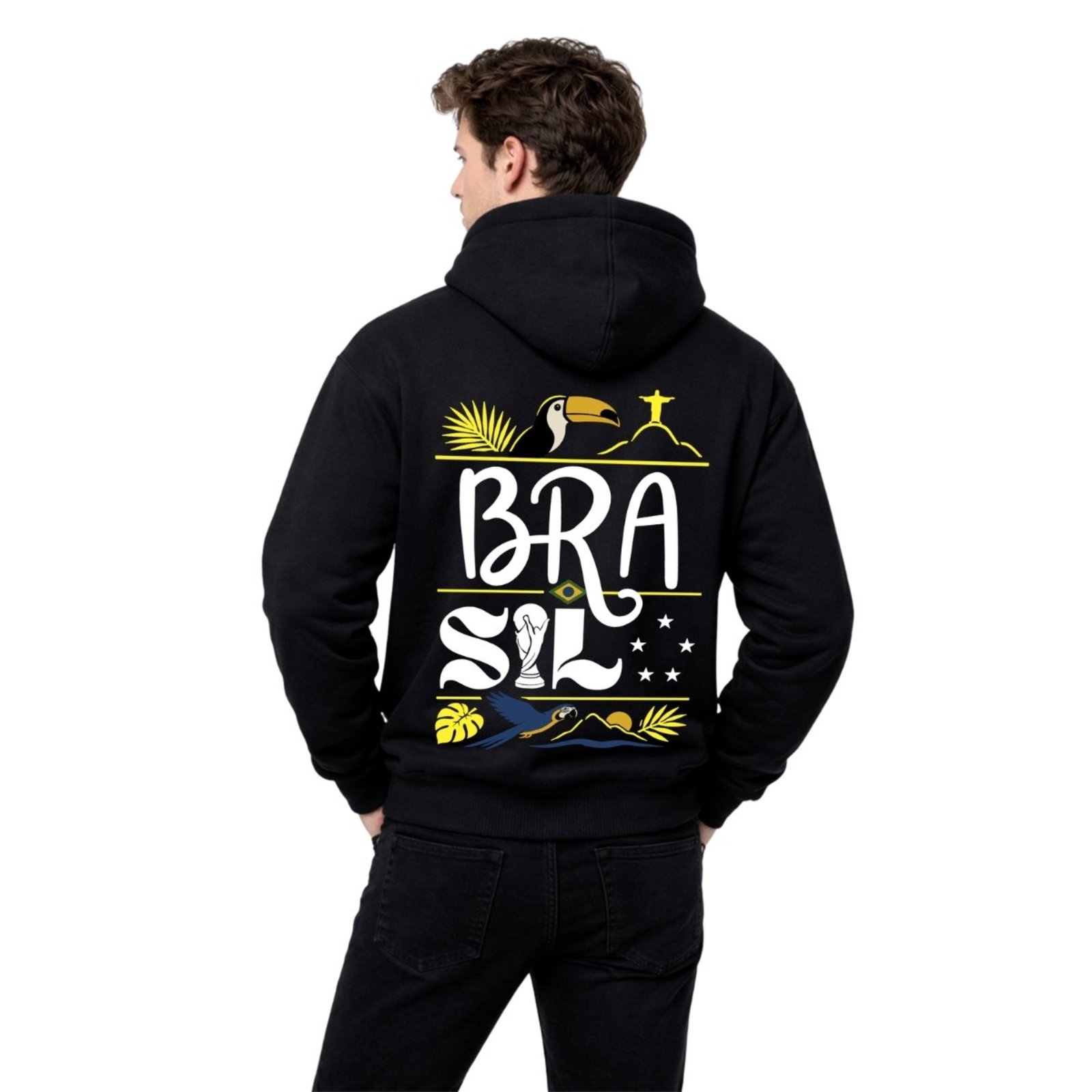 Blusa de Moletom Masculino Preto Brasil Arara Explosão Tropical Casaco Com Capuz Estilo Streetwear