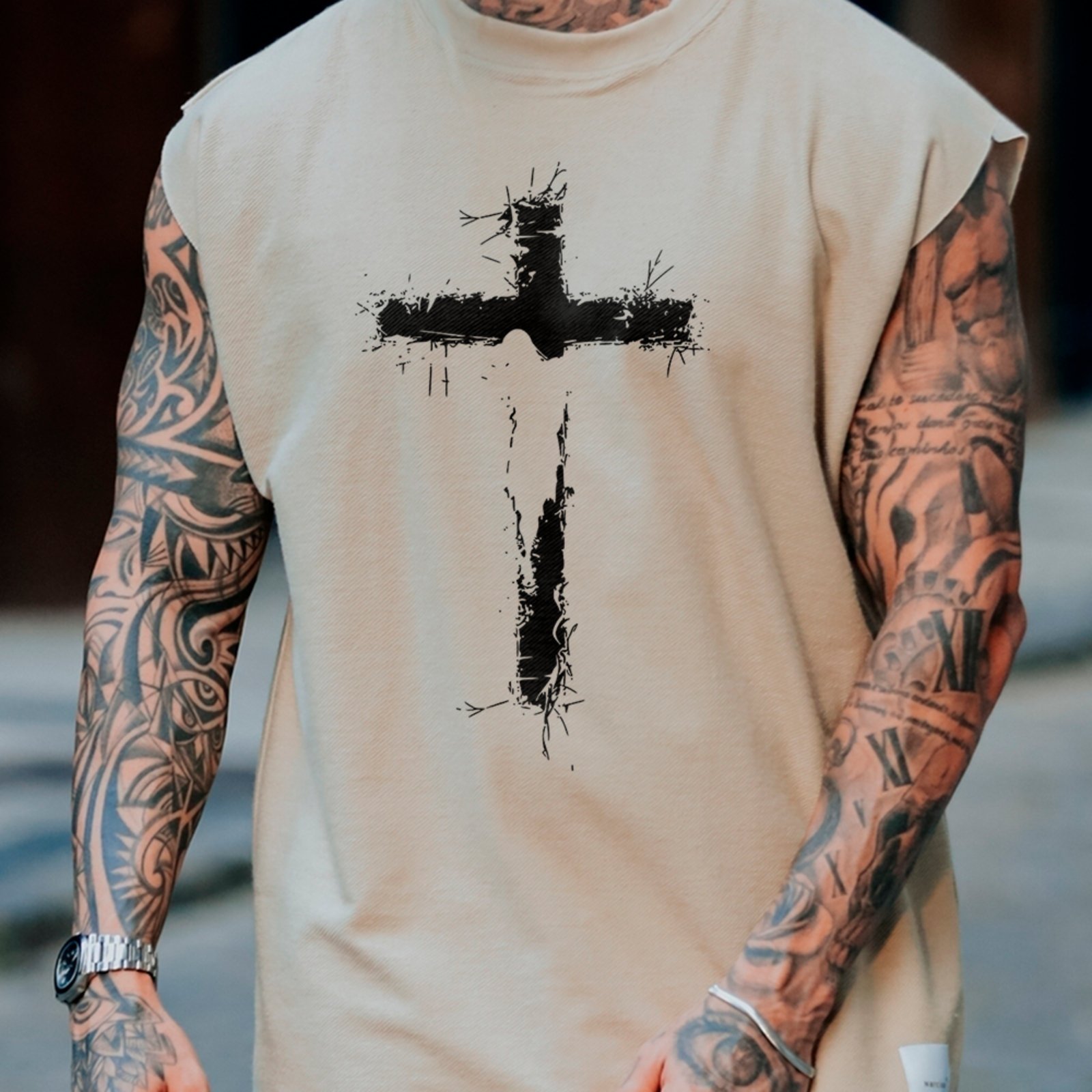Camiseta Regata Machão Cruz Cristã Streetwear Gospel Premium Off White