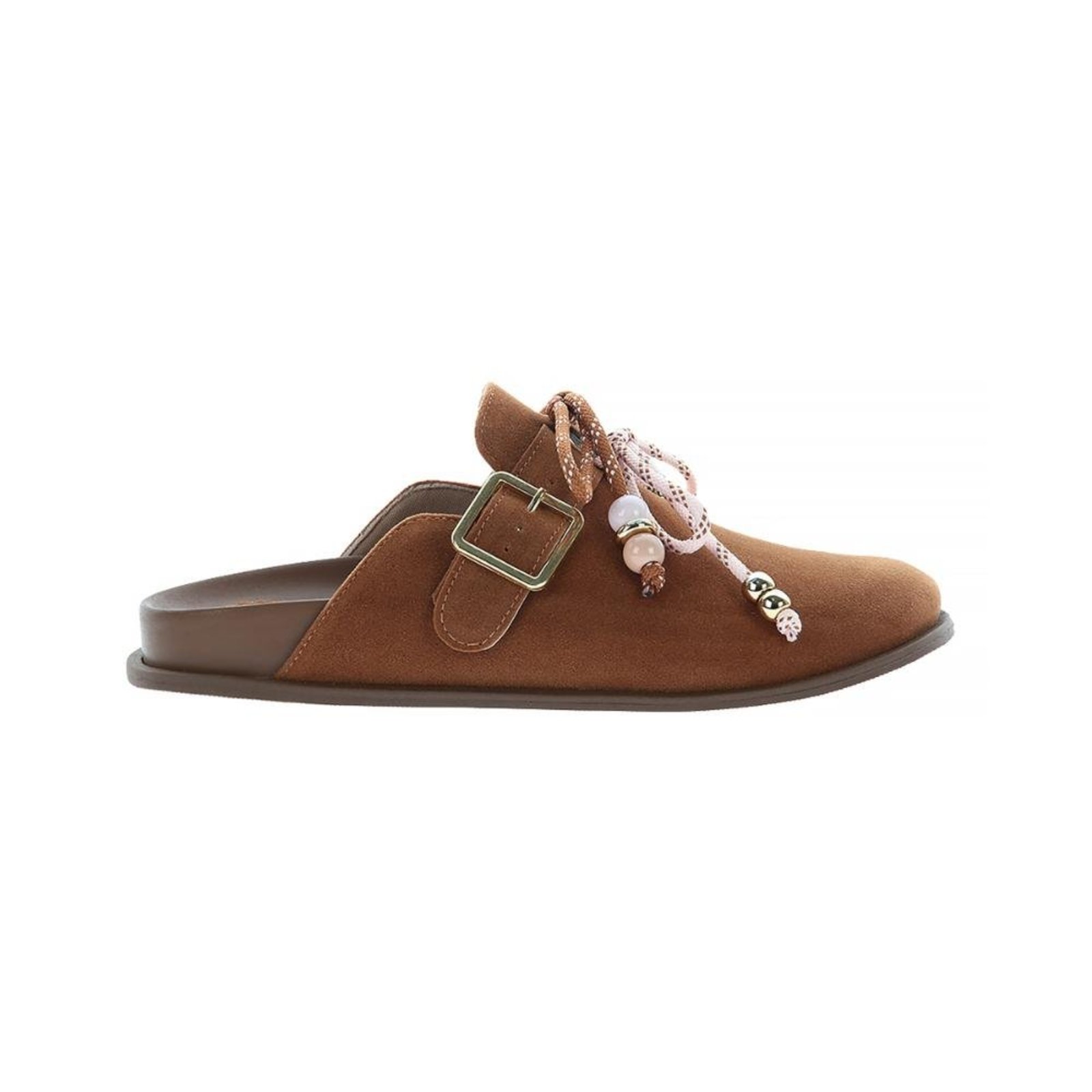 Clarissa - Mule Clog Feminino Marrom 2 em 1 Camurça com Enfeites Pingentes Marrom