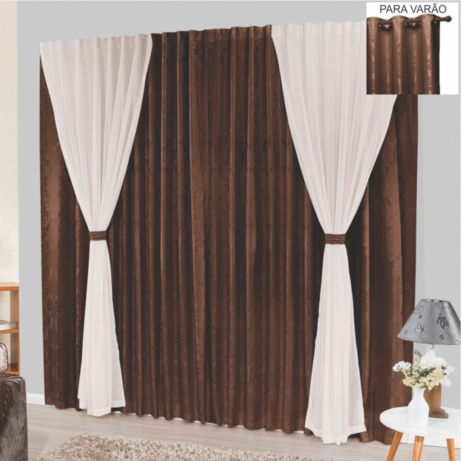 Cortina Bhaly Jacquard e Voal 4,00 X 2,50 Para Varão - Tabaco - 100% Poliéster