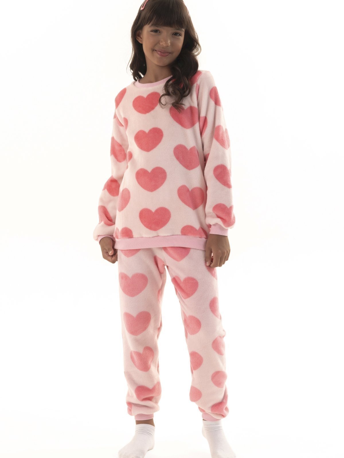 Pijama de Inverno Longo em Soft Fleece Menina Corações Rosa