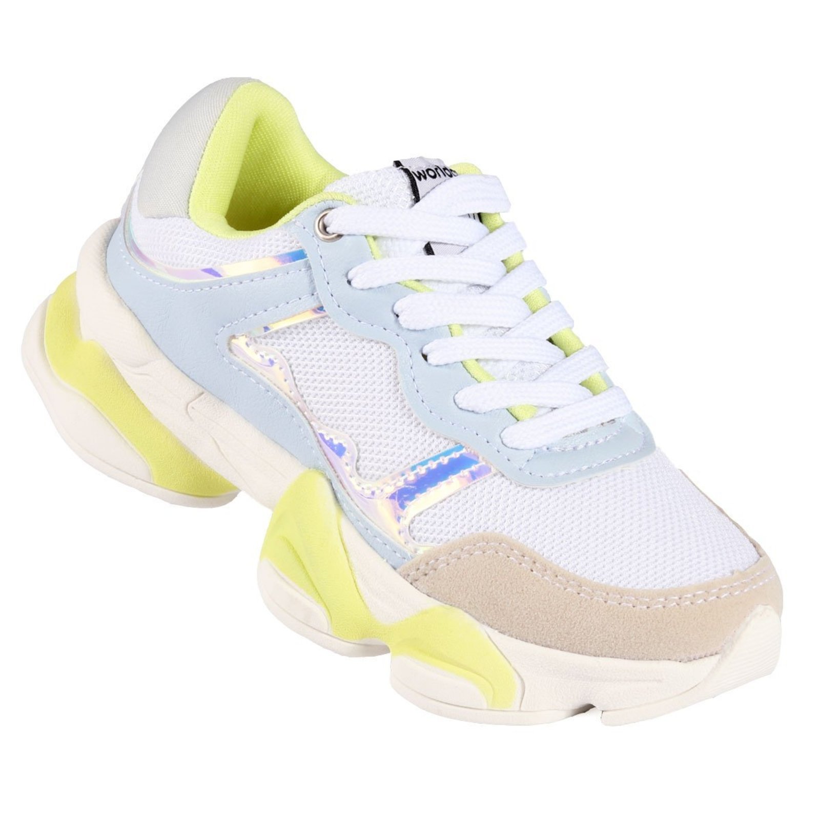 Tênis Feminino WorldColors Chunky W2514 Branco com Detalhes Neon e Holográfico