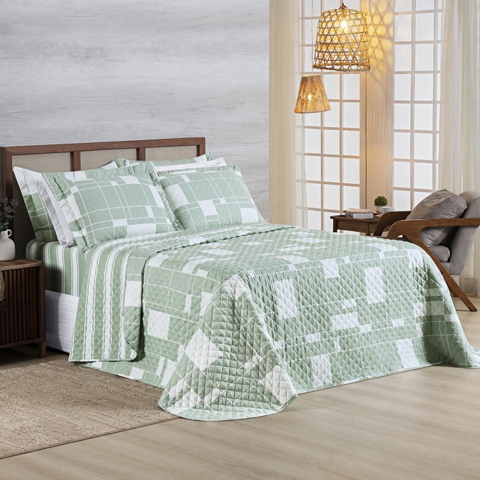 Kit Cobre Leito Colcha Casa Scarpa Belle Queen Estampado Dupla Face 400 Fios 3 Peças Quadriculado Verde