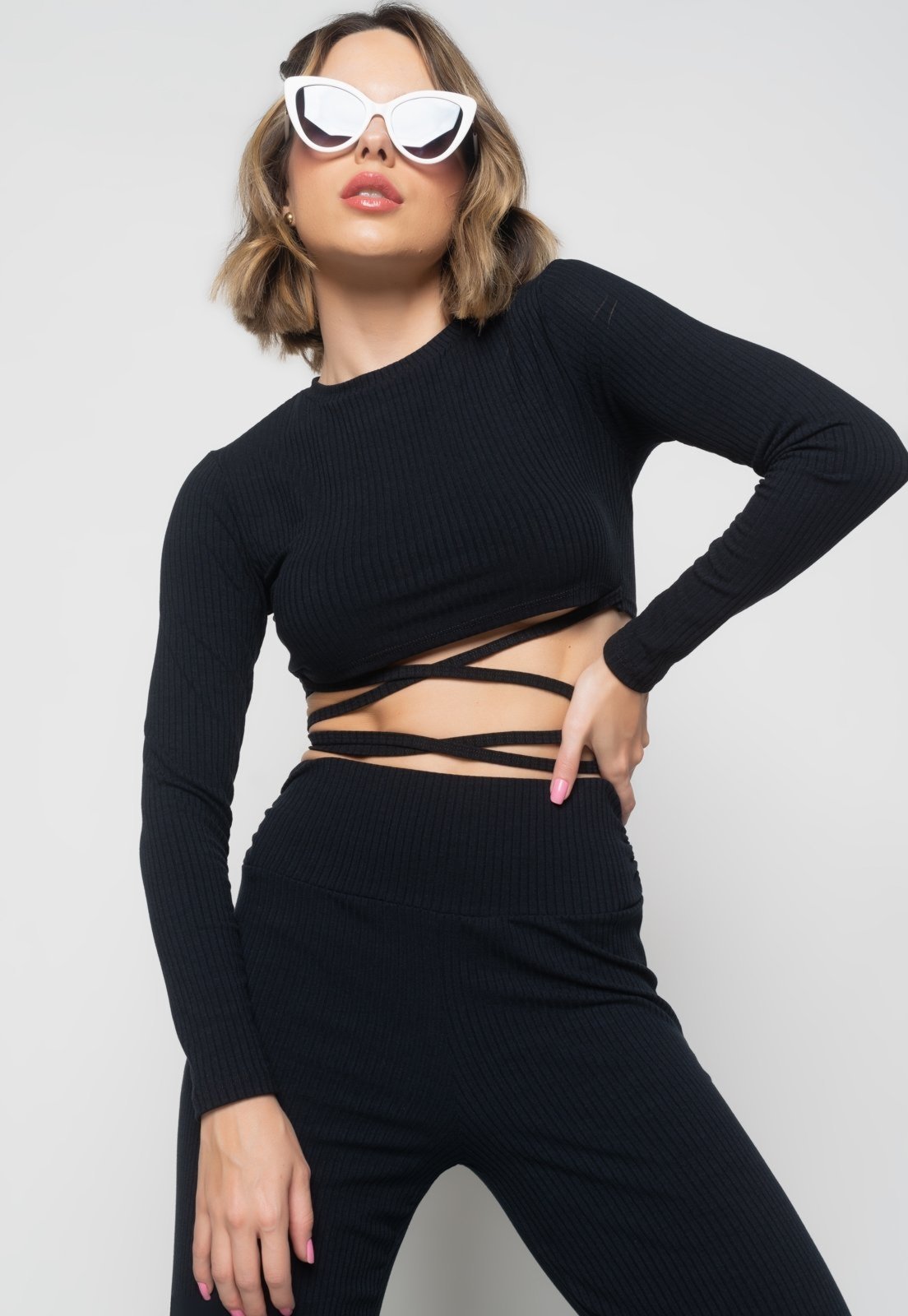 Vista 2 Cropped Gola Redonda Manga Longa Com Tiras Malha Canelada Salvatore Fashion preto Salvatore Fashion preto