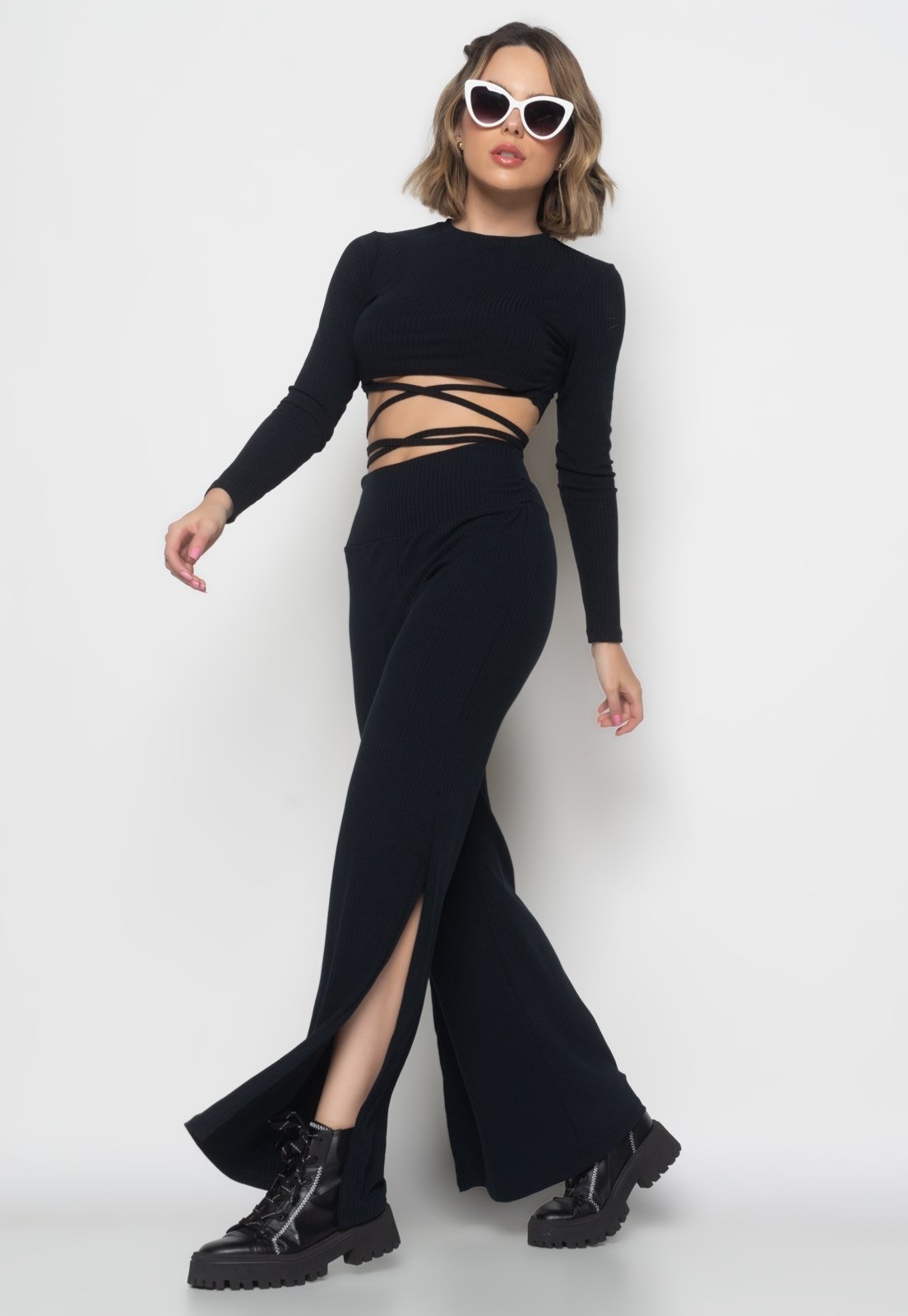 Vista 3 Cropped Gola Redonda Manga Longa Com Tiras Malha Canelada Salvatore Fashion preto Salvatore Fashion preto