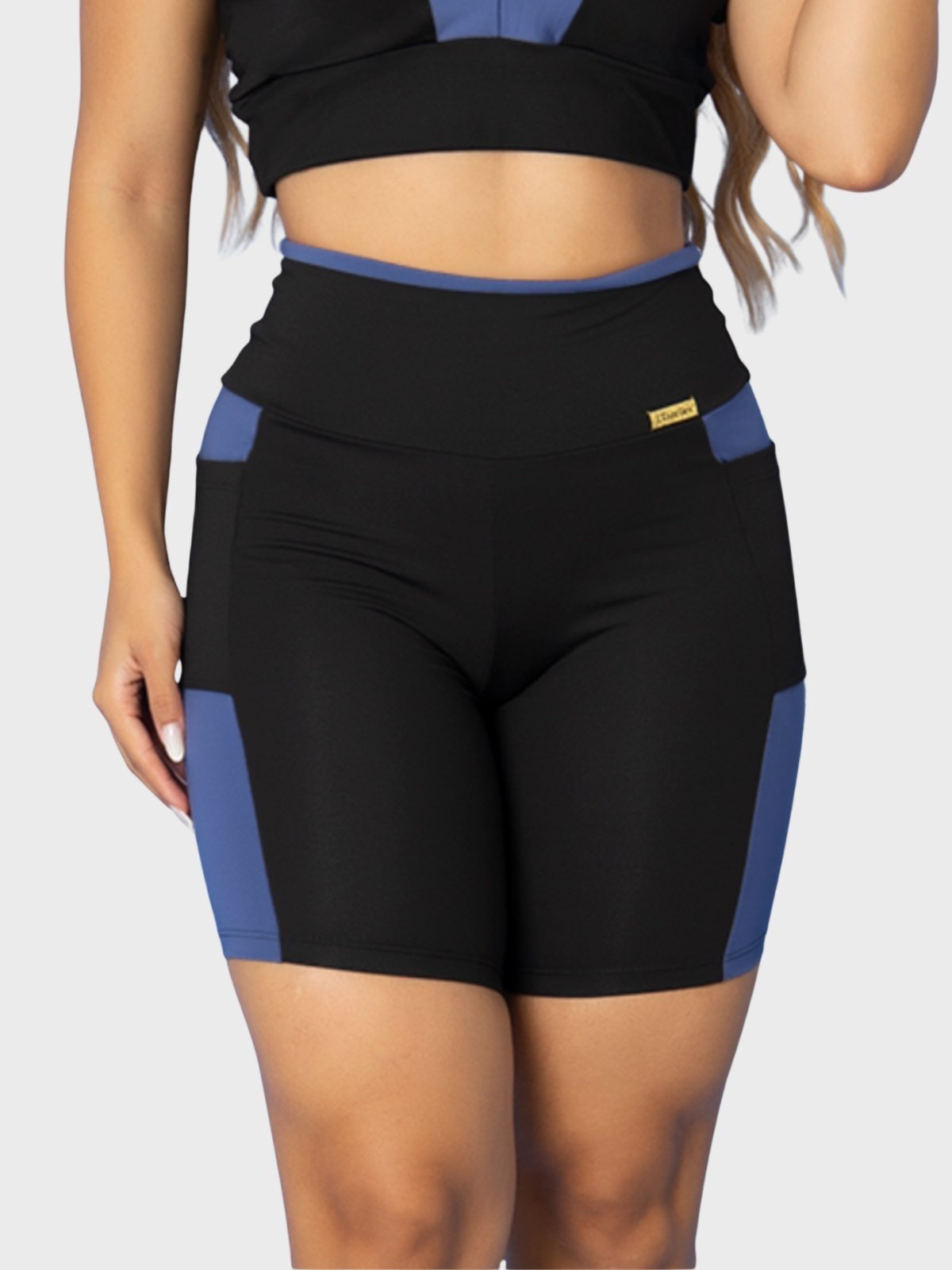Short Fitness Tarelles Cintura Alta Bolso Preto e Azul