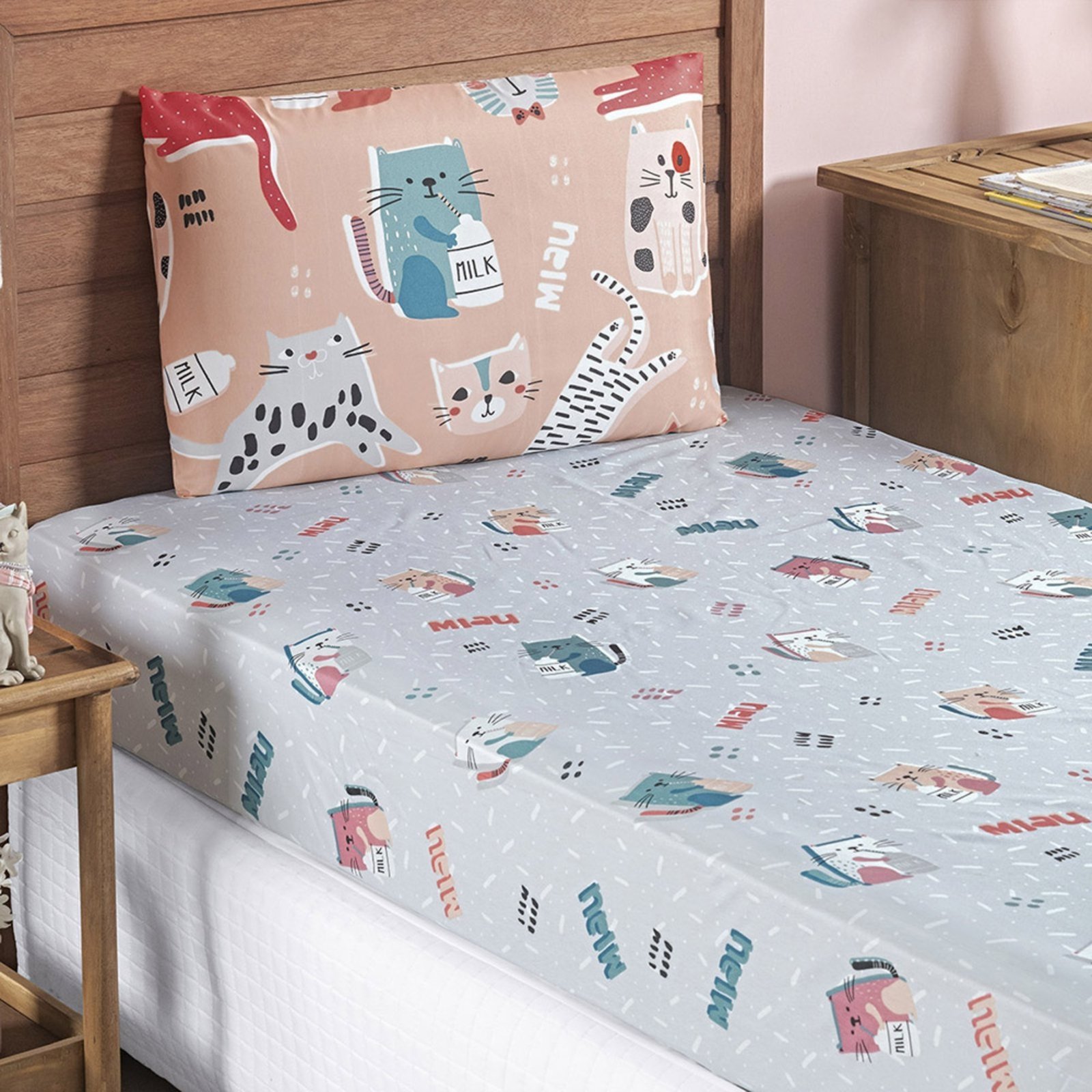 Jogo Cama Lençol Casa Scarpa Fantasy Solteiro Cama Quarto Microfibra 2 Peças Gatinha Rosê
