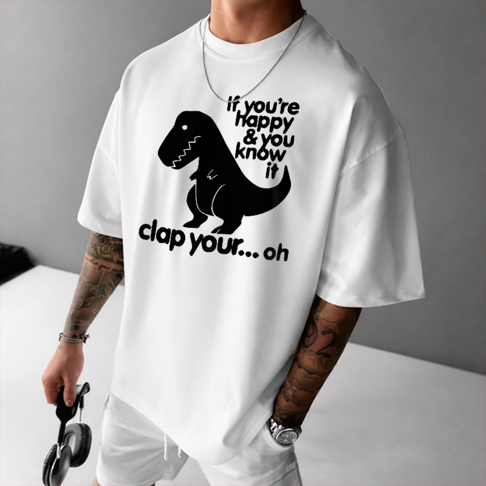 Camiseta Oversized Meme Dino T Rex Engraçado Unissex Branco
