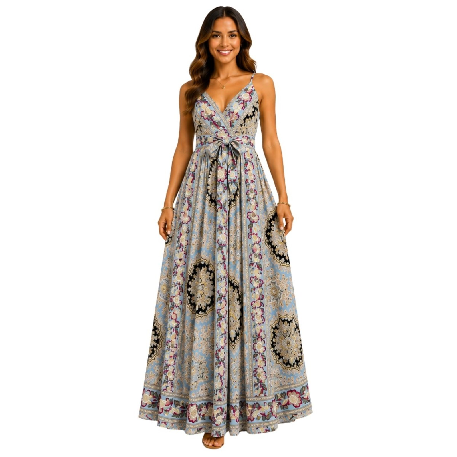 Vestido Longo Indiano Feminino Estampado Alças Reguláveis Boho Preto