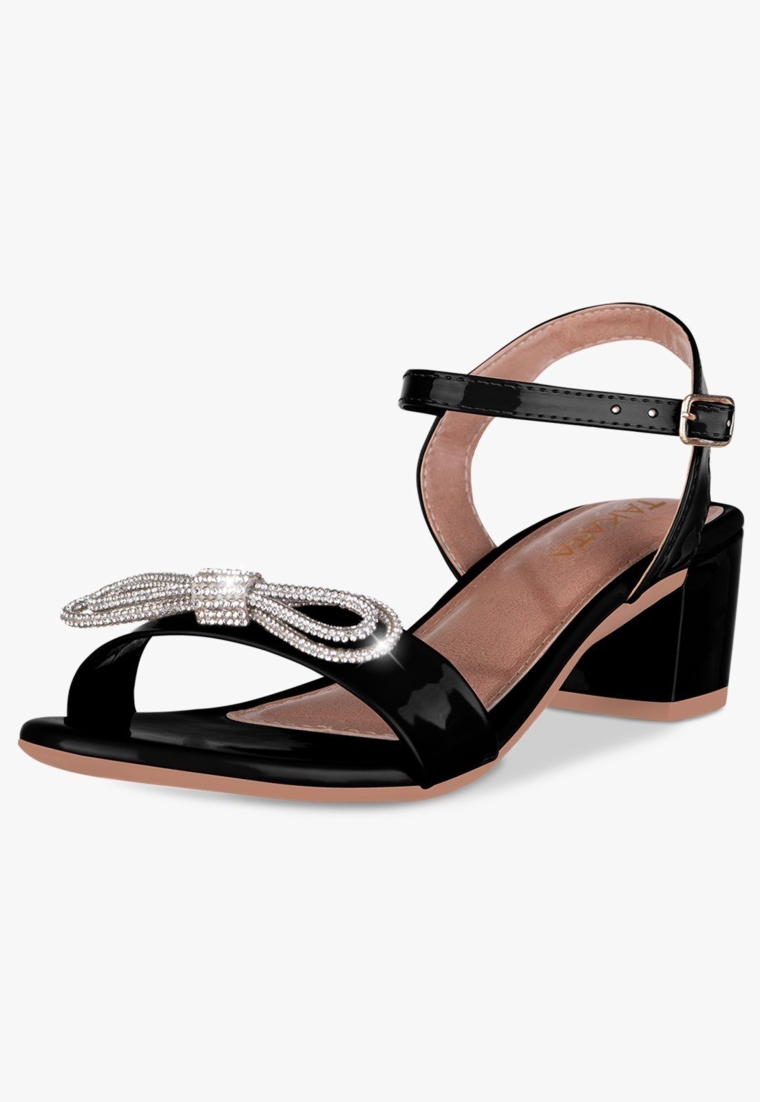 Sandália Feminina Salto Baixo Bloco Casual Confortável Laço Strass Preto
