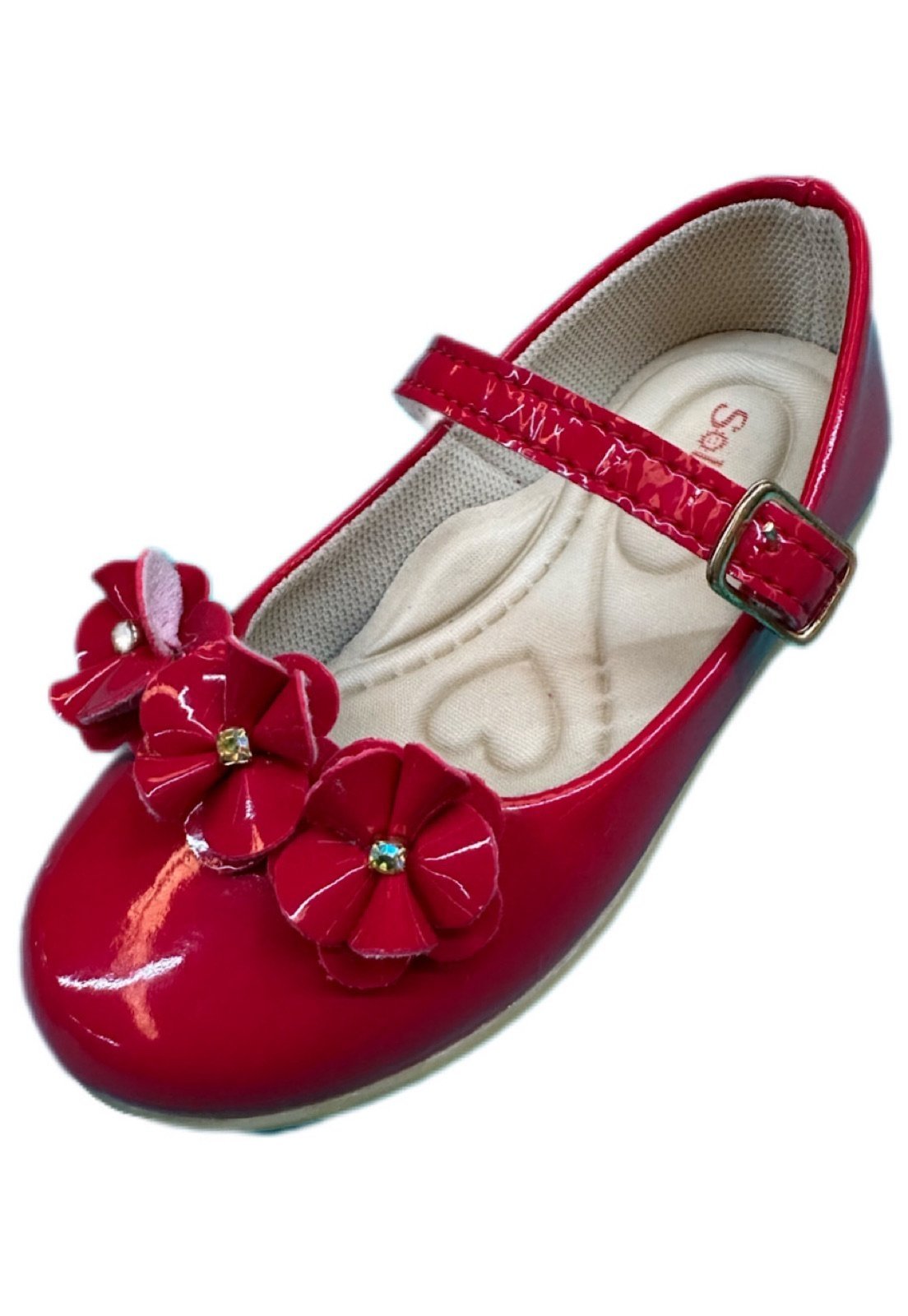 Infantil – Sapatilha Rasteira Verniz Solzim Enfeite floral Vermelho