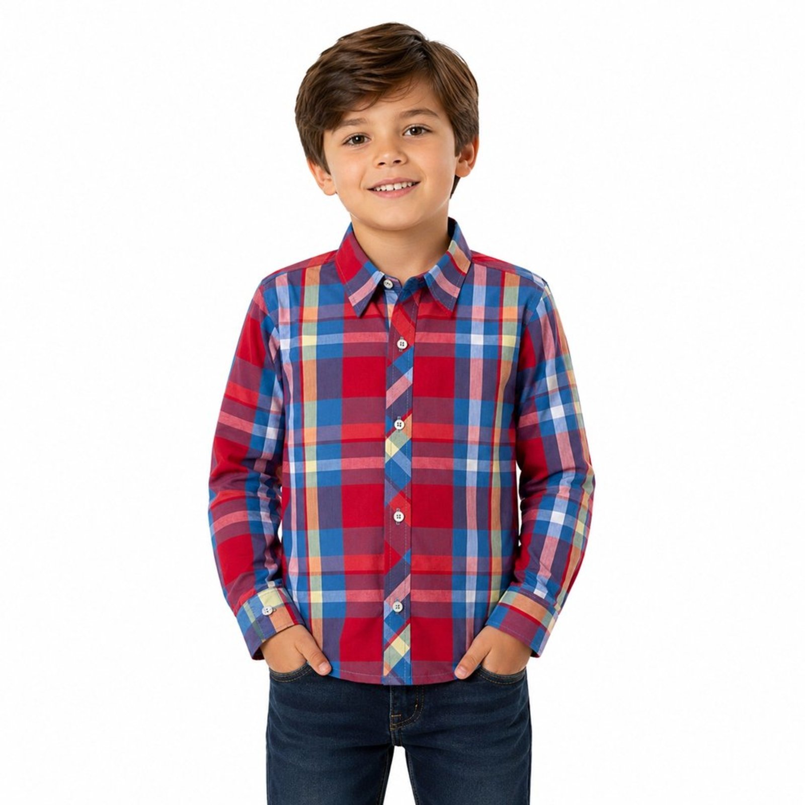 Infantil - Camisa Juvenil Look Jeans Manga Longa Xadrez Vermelho