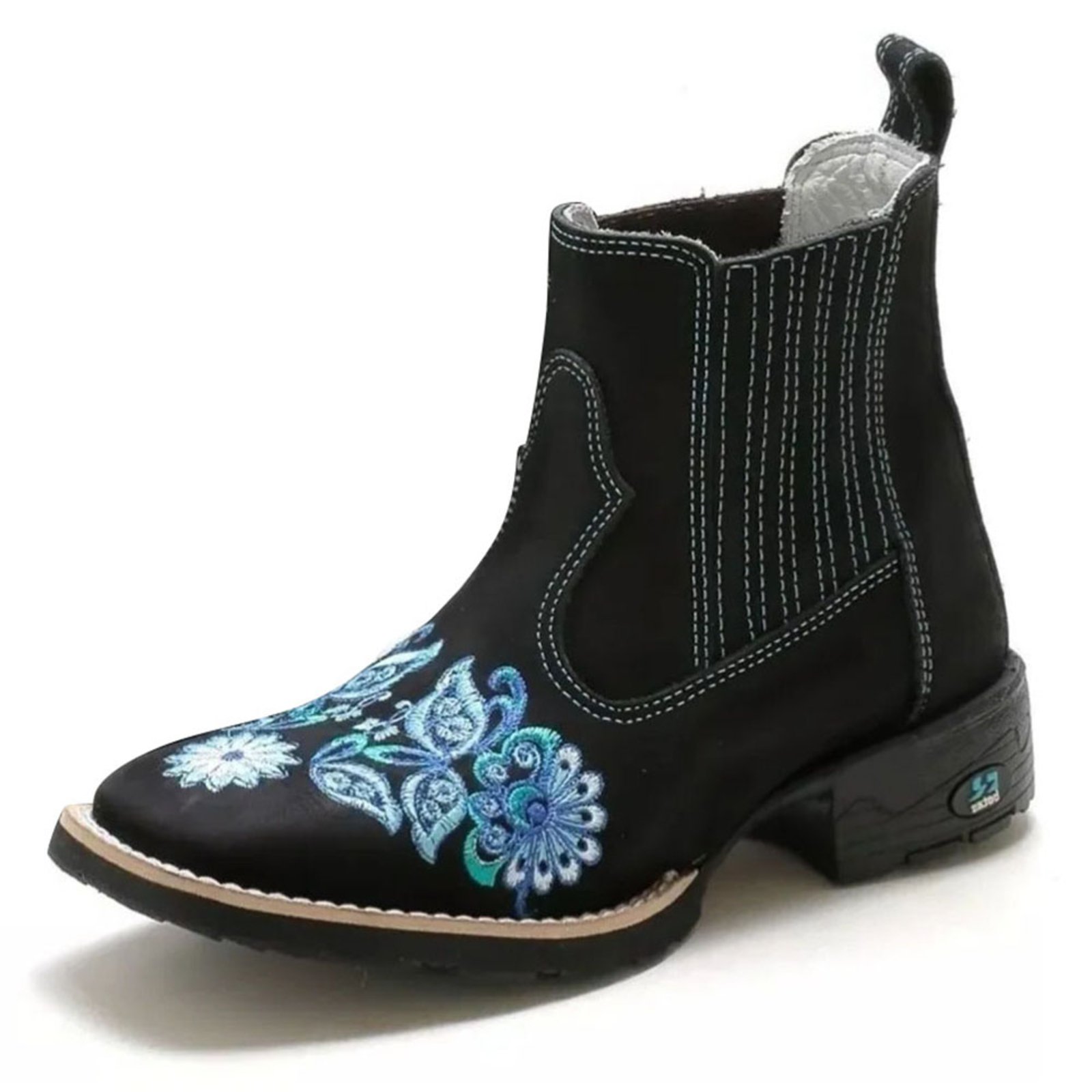 Bota Feminina RR Botas Texana Country Couro Bordado Flores Bico Quadrado Confortável Preto Azul