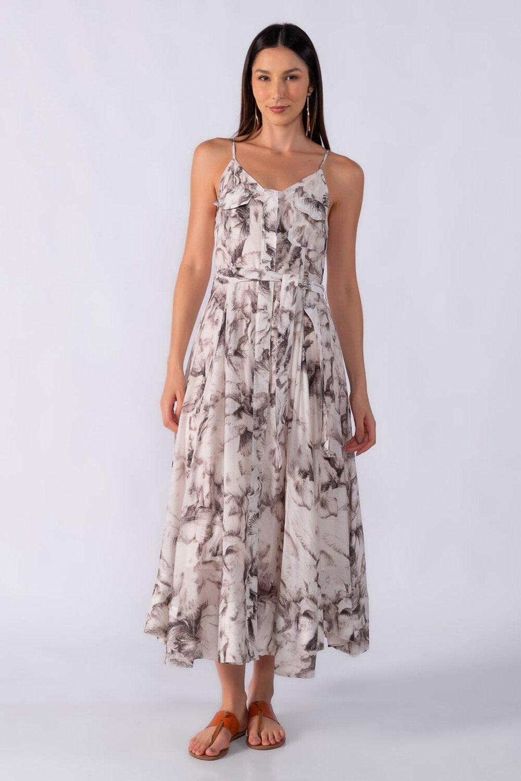 Vestido longo estampado alça regulavel Cinza