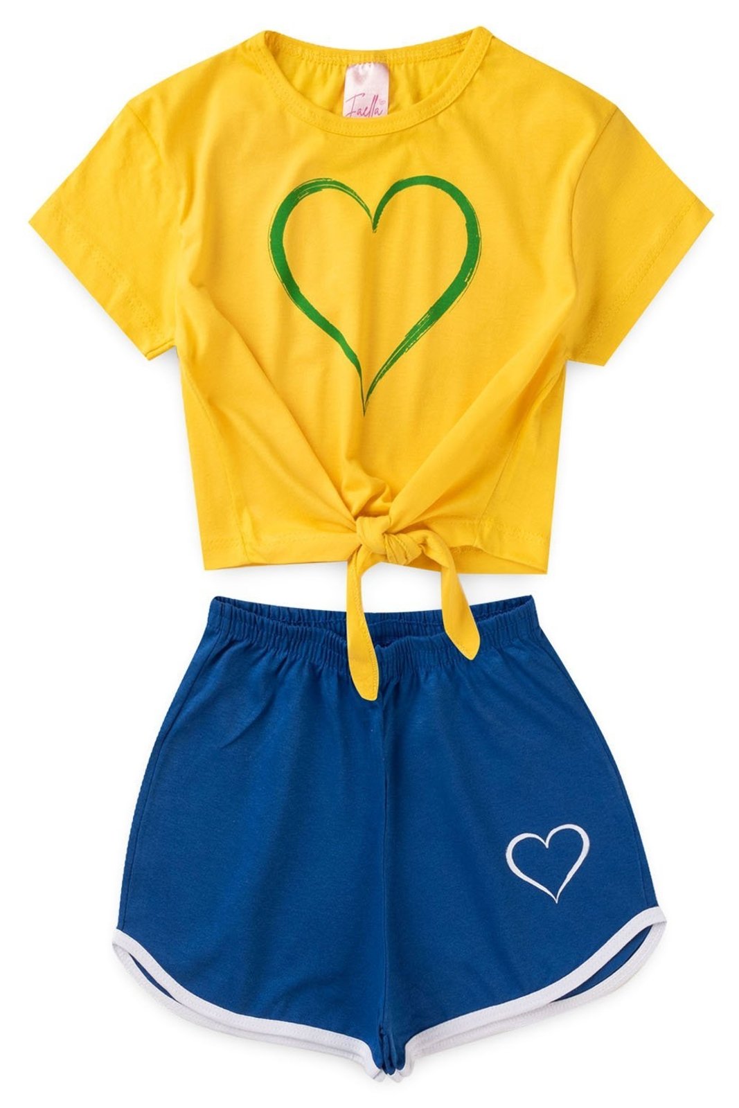 Infantil - Conjunto Cropped Verão Feminino Coração Brasil - Amarelo