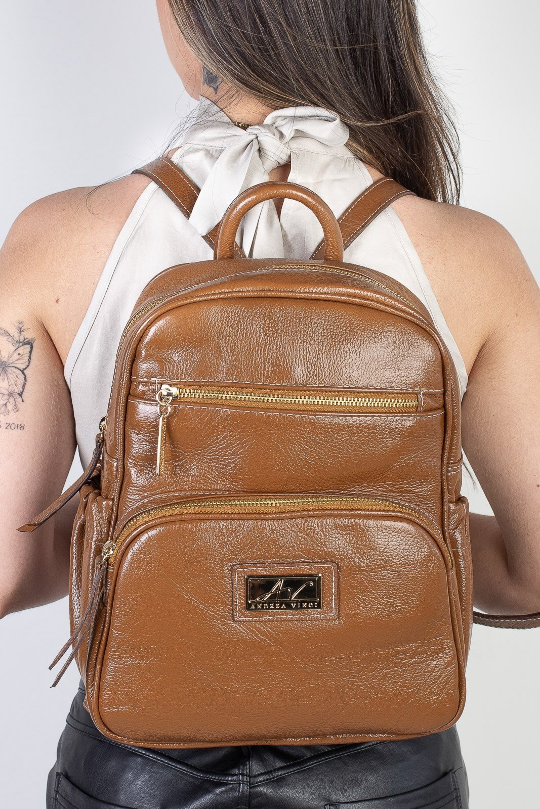 Mochila pequena de couro liso Zoey - Caramelo