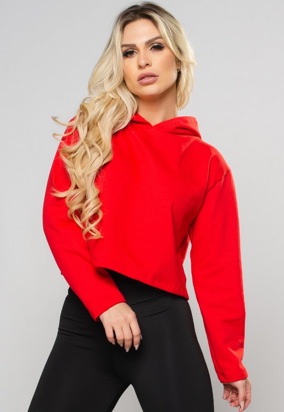 Cropped MVB Casaco Moletom Flanelado Manga Longa Blusa Capuz Vermelho