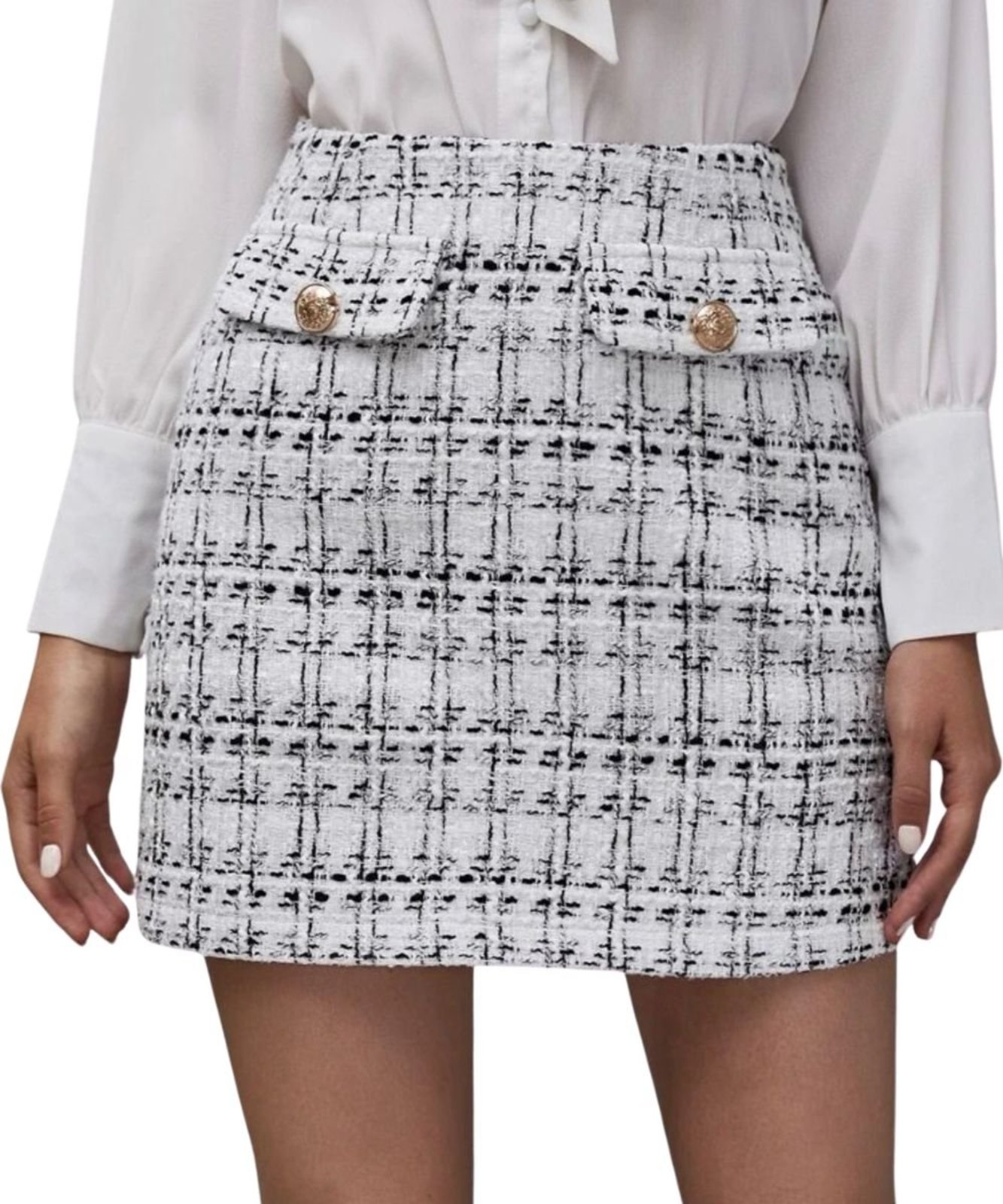 Saia Tweed Curta 77VS Levosch Botões Dourado Moda Gringa Branco