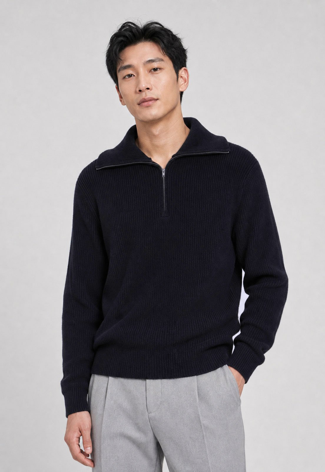 Suéter Masculino Mango Gola Alta Zíper Azul-Marinho