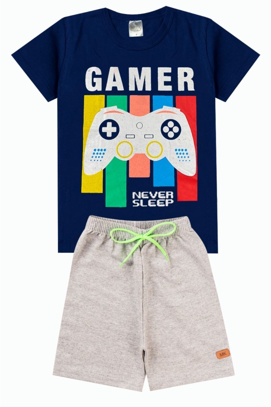 Vista 2 Infantil - Conjunto Verão Masculino Gamer Never Sleep - Marinho Mega Kids unico Mega Kids unico
