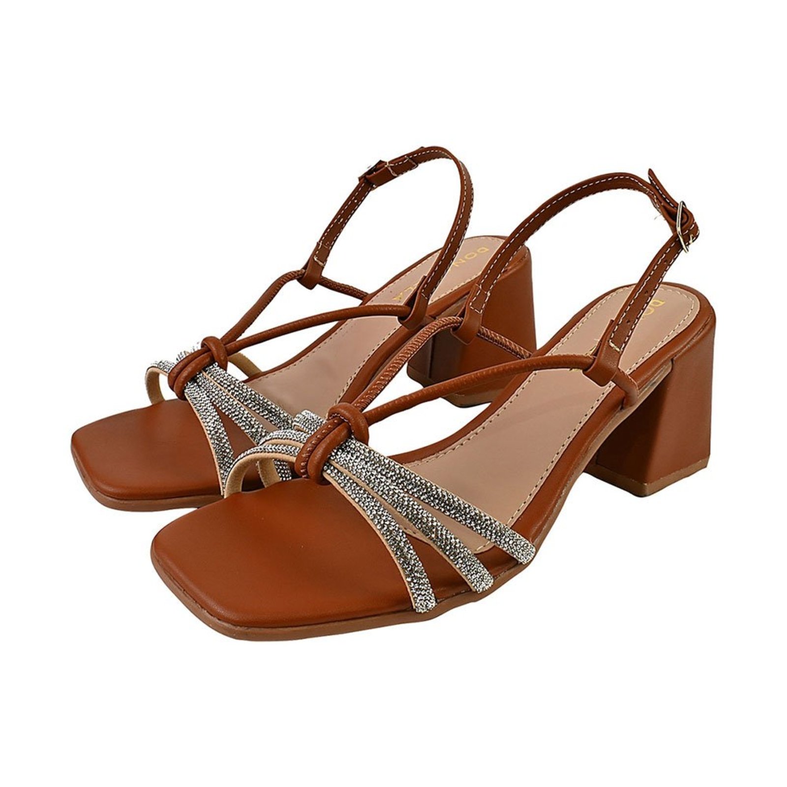 Sandália Feminina Salto Alto Donatella Shoes Bico Quadrado Casual Metalizada Marrom Brilho Strass