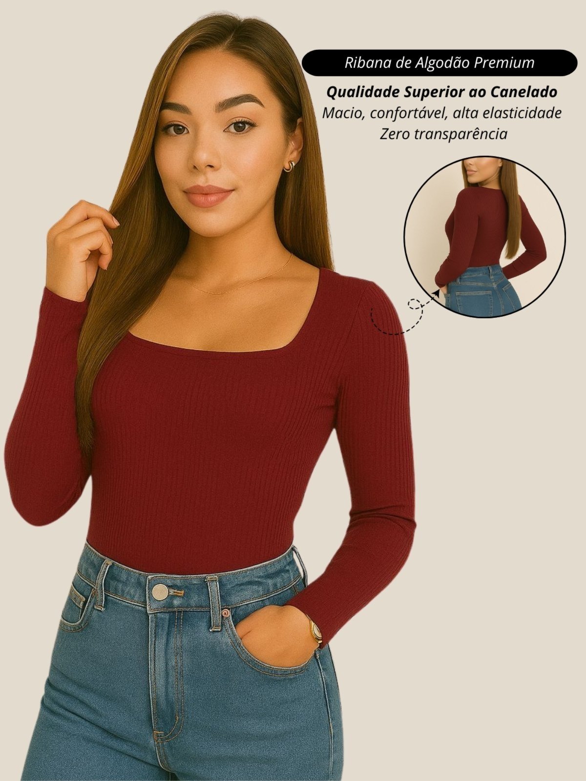 Blusa feminino cacharrel marsala Garota Urbana Fashion Outono inverno casual diario basico ribana canelado algodão