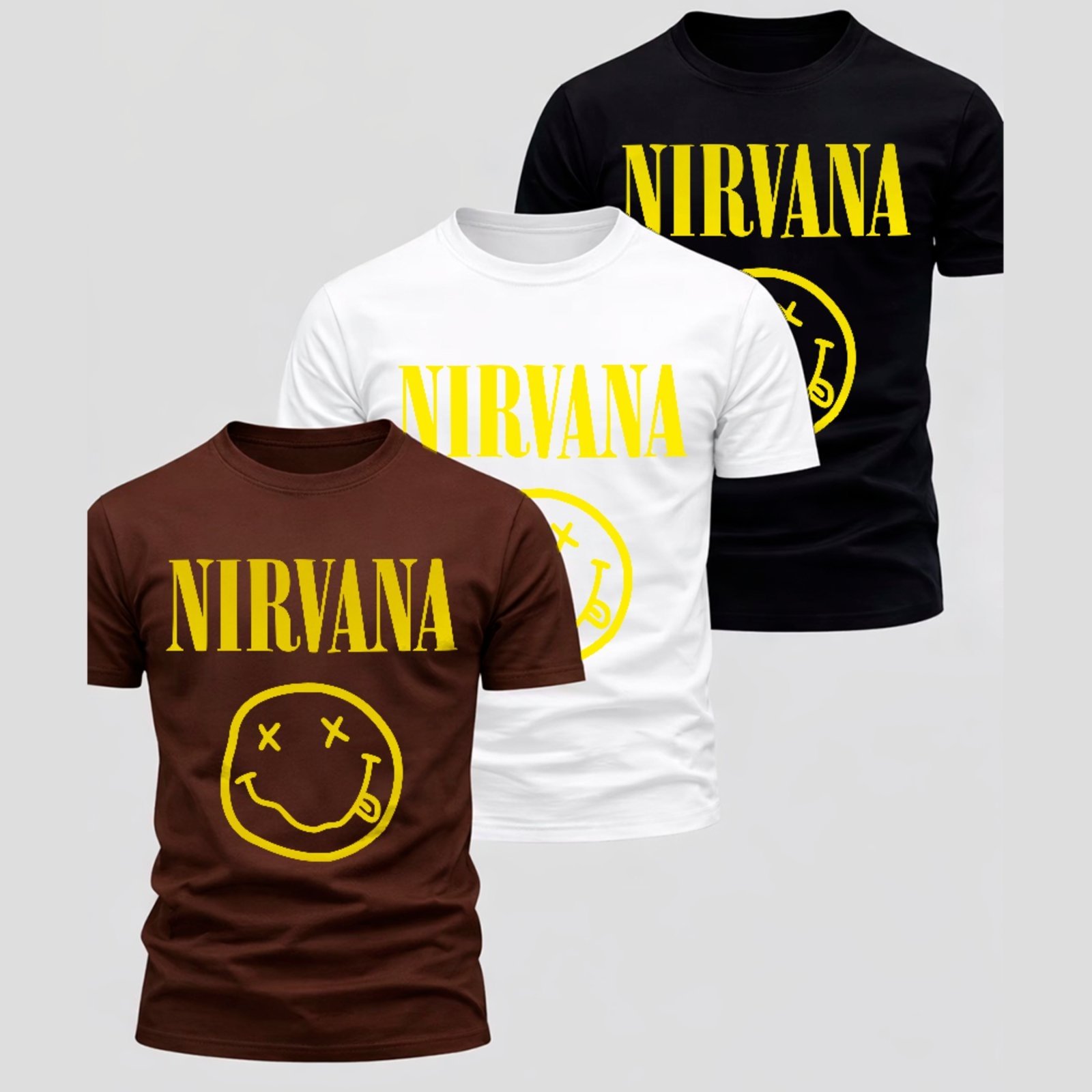 Kit 3 Camisetas Básicas Estilo Nirvana Smiley Rock Vintage Clássico Casual