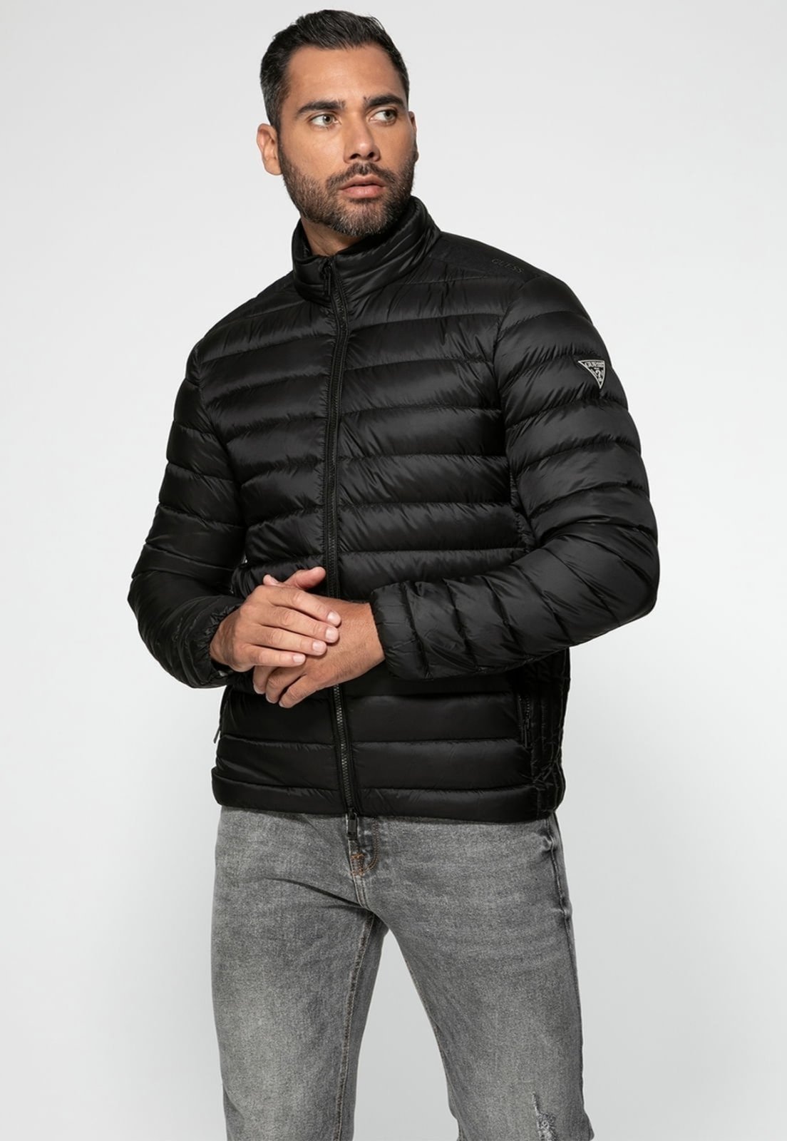 Jaqueta Puffer Guess Gola Alta Preto