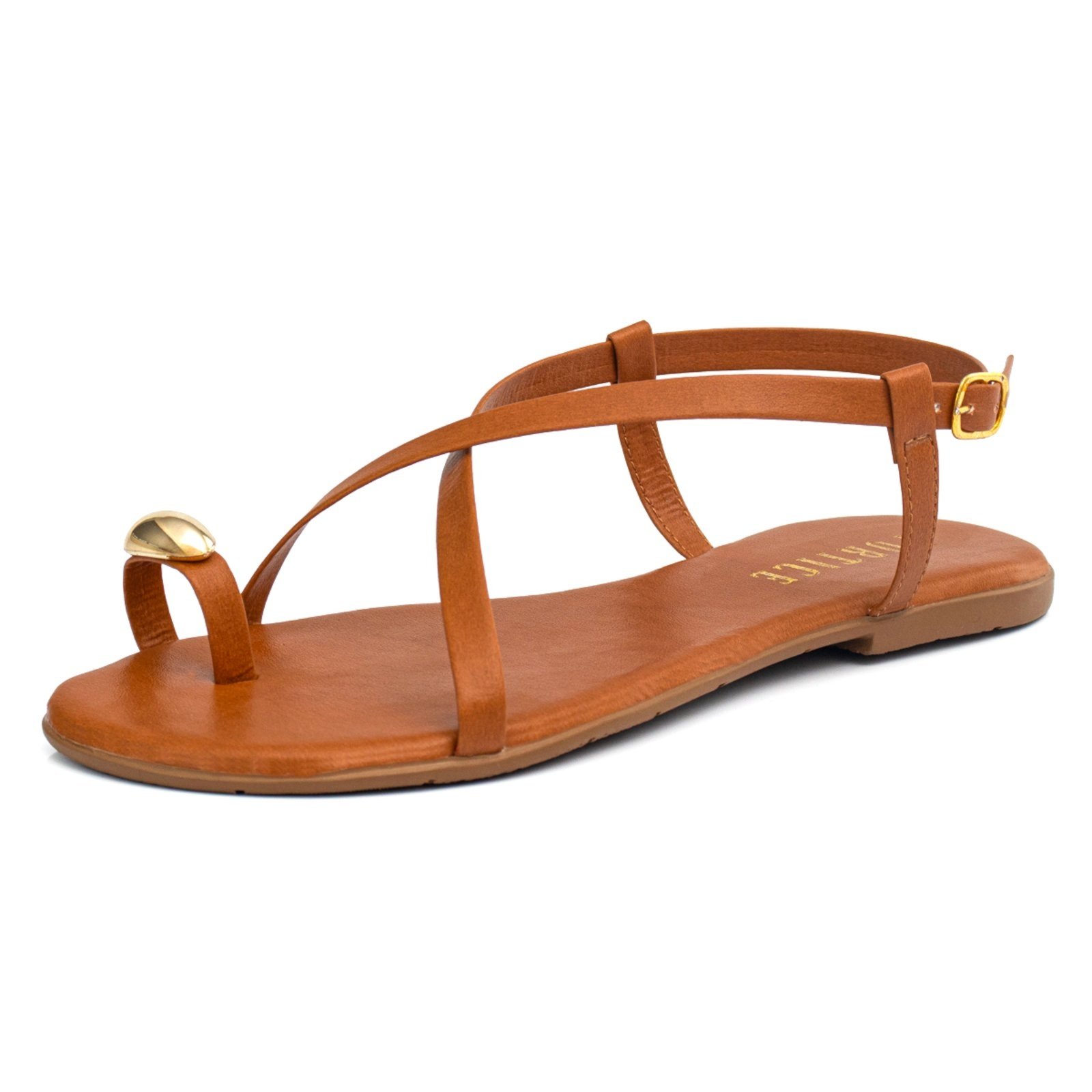 Sandália Feminina Rasteira Flat Enfeite Metal Anel Dedo Lesma Brilho Caramelo
