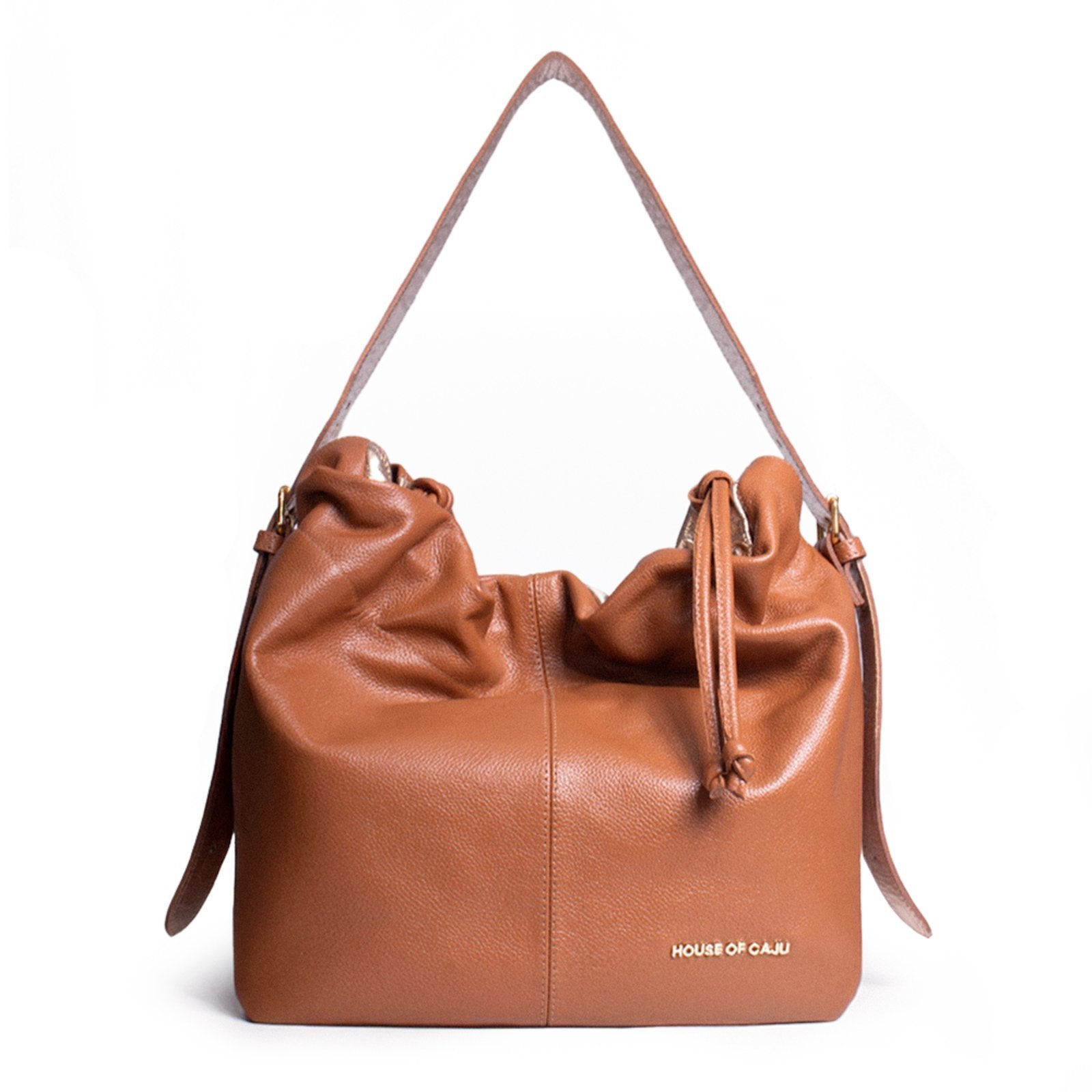 Bolsa Feminina Em Couro Alça De Mão Caramelo Com Dourado “Júlia Dos Santos Barreto”””