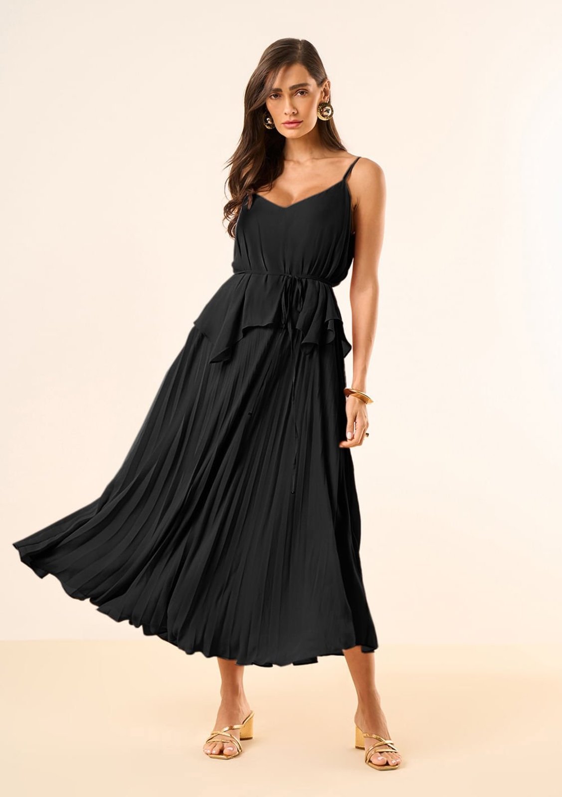 Vestido Maria Valentina Solto Decote V Com Alça Midi Preto