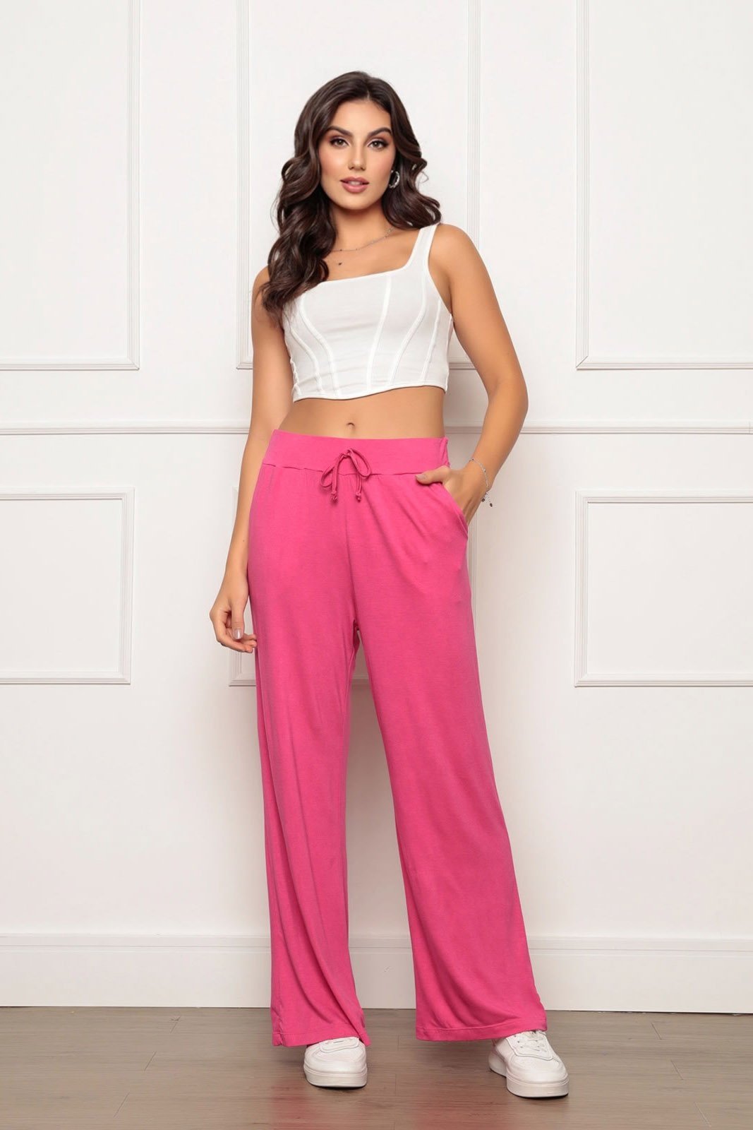 Calça Pantalona Viscse com Bolso Cós Elástico Amarração 930 Pink
