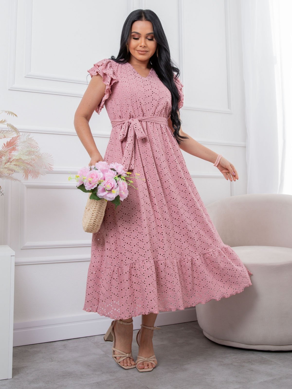 Vestido Lasie Longo Manga curta com Babados BARSONS Confortavel e Casual Rosa