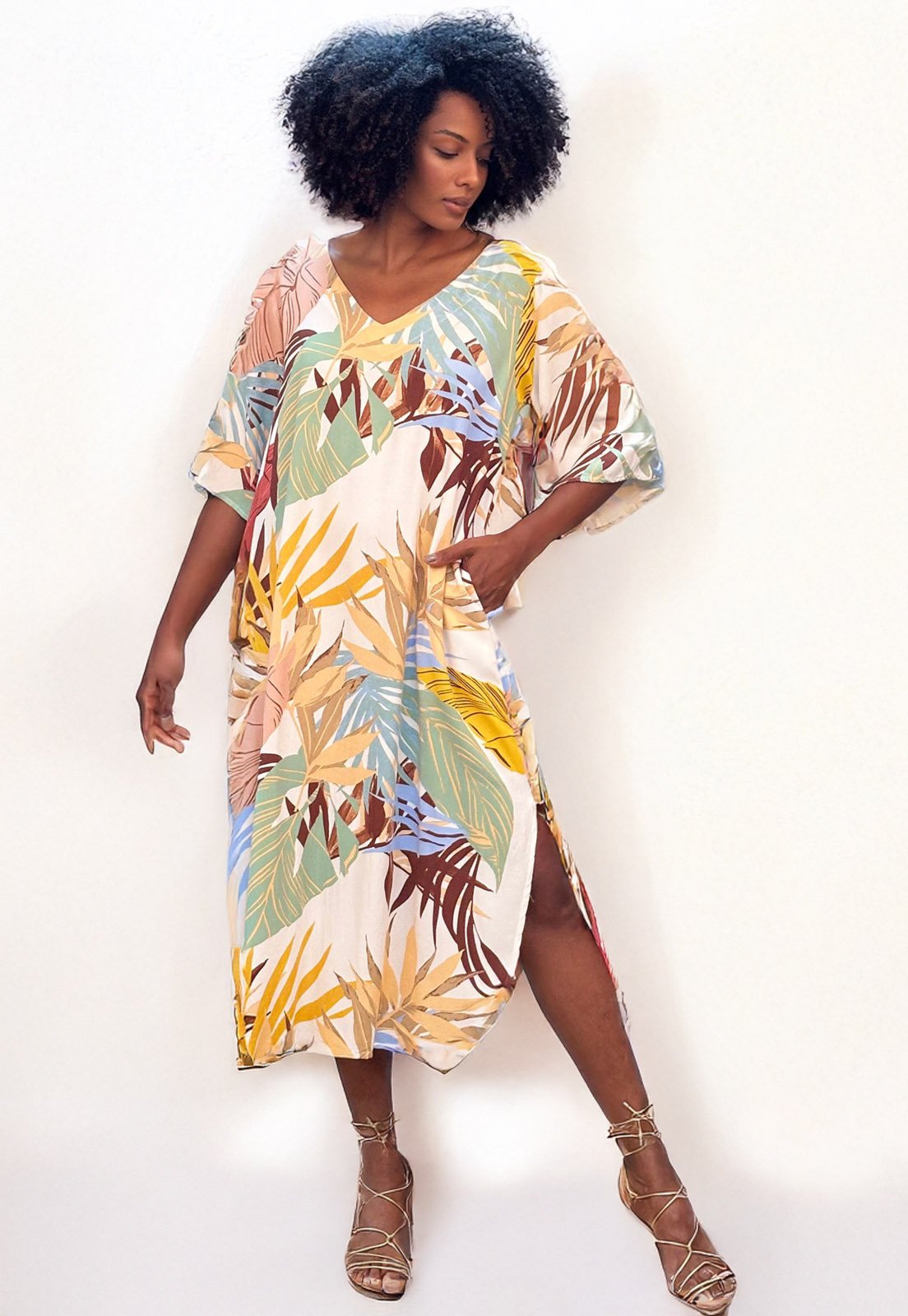 Vestido Midi Amazonia Vital Abapã Plano com Bolso Estampa Aurora Suave