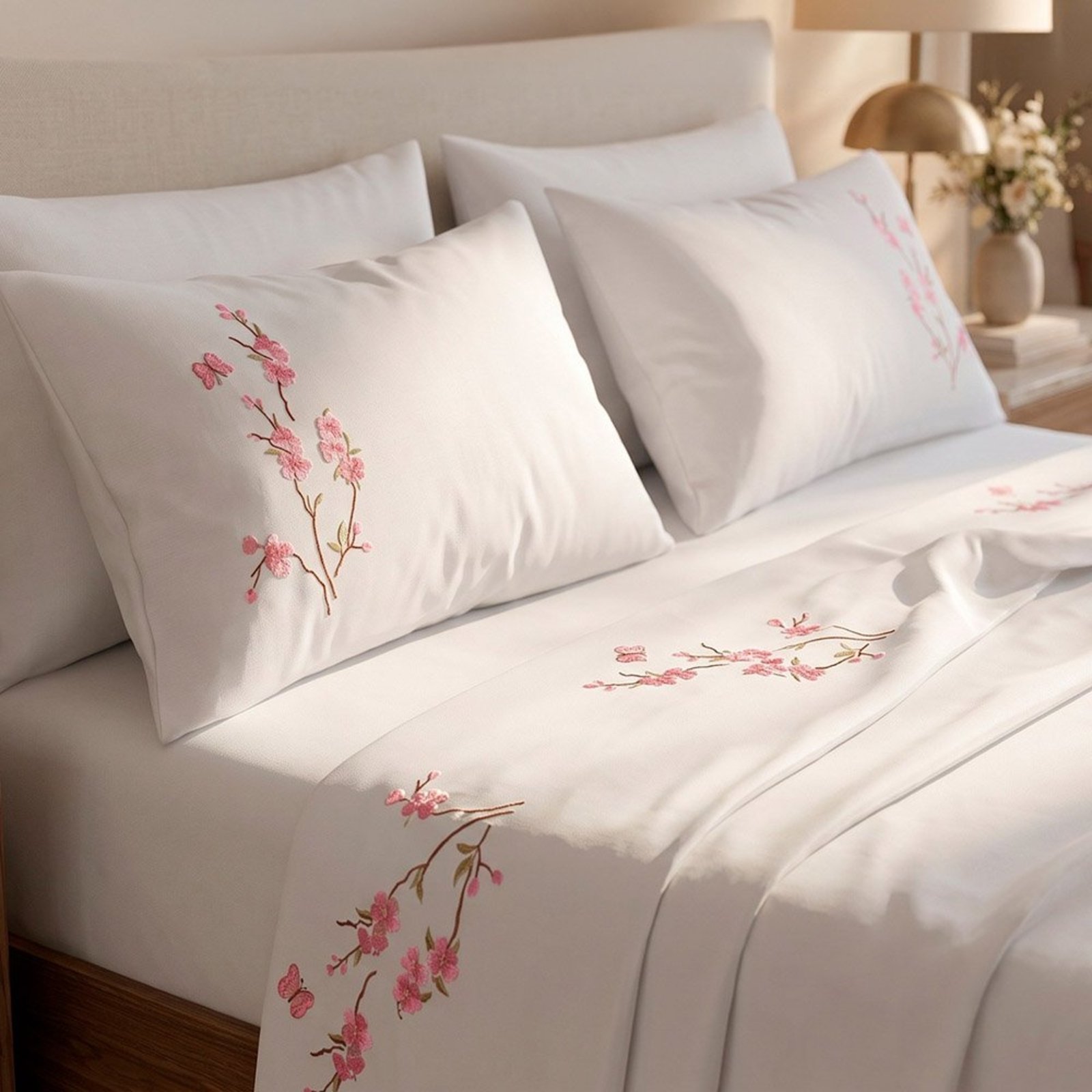 Jogo de Cama Lençol Queen Botanique Floral Micropercal 300 Fios Bordado 4 Peças Branco