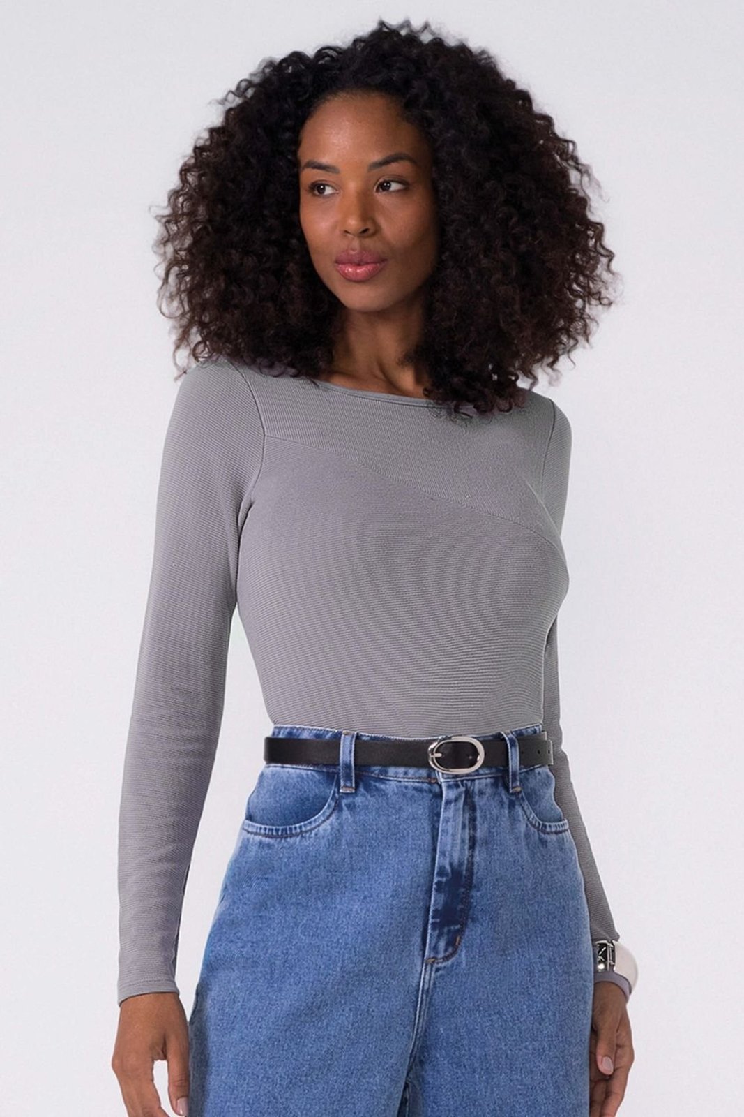 Blusa Feminina Canelado Assimétrico Marialícia Cinza