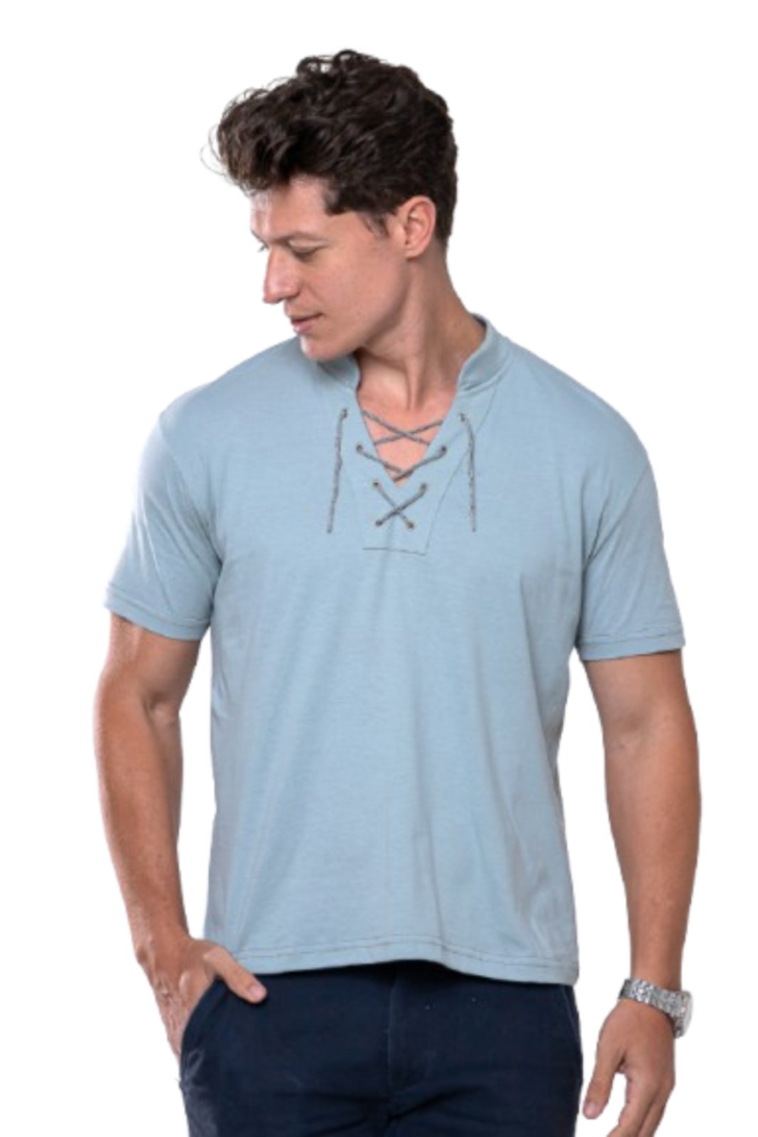 Camisa Gola à Padre Camiseta Masculina Garais Moda com Cordão e Ilhós Manga Curta 100% Algodão Estilo Casual Cinza